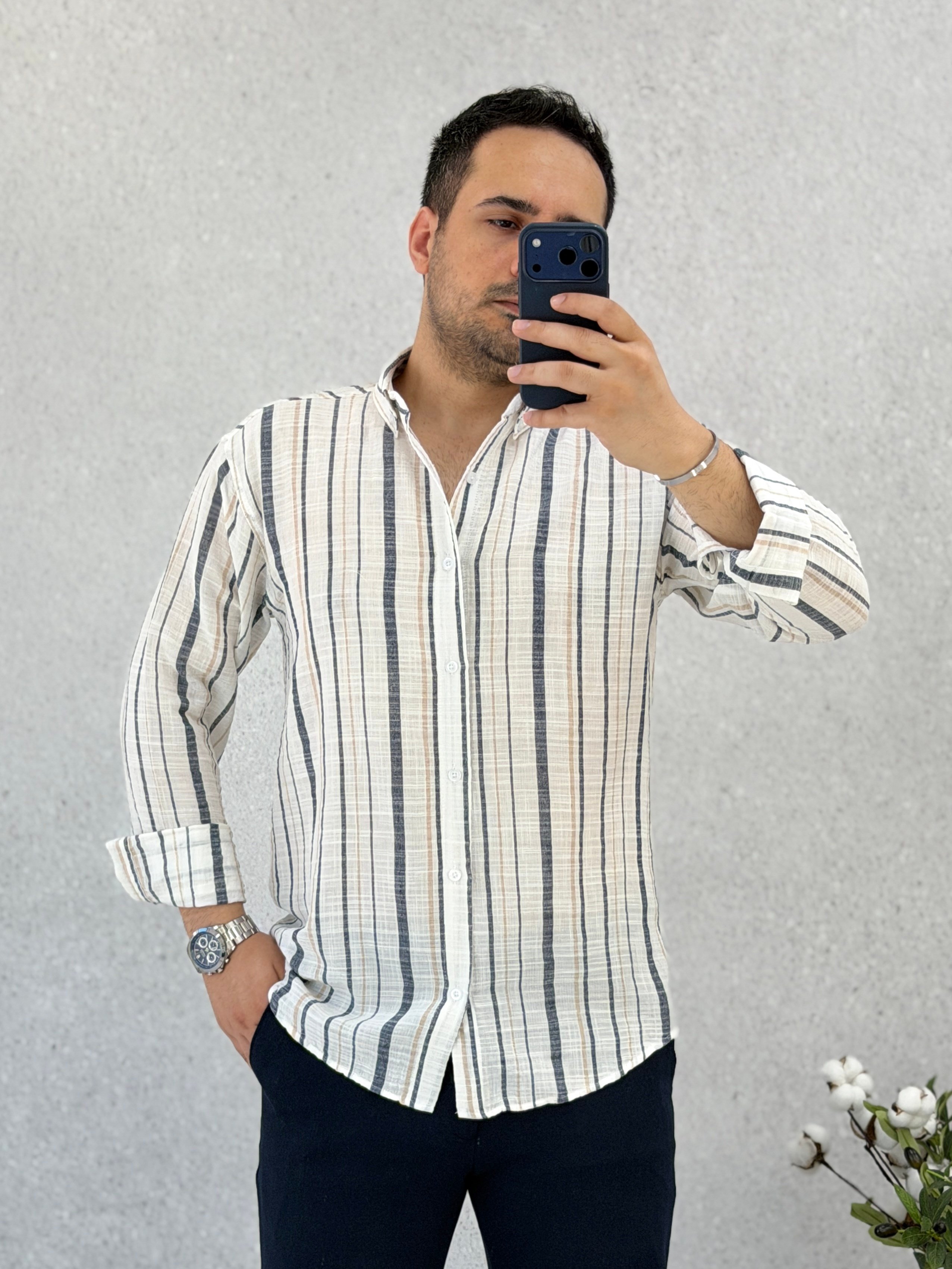 Laciver-Krem Çizgili Regular Kalıp Pamuk Gömlek G0050