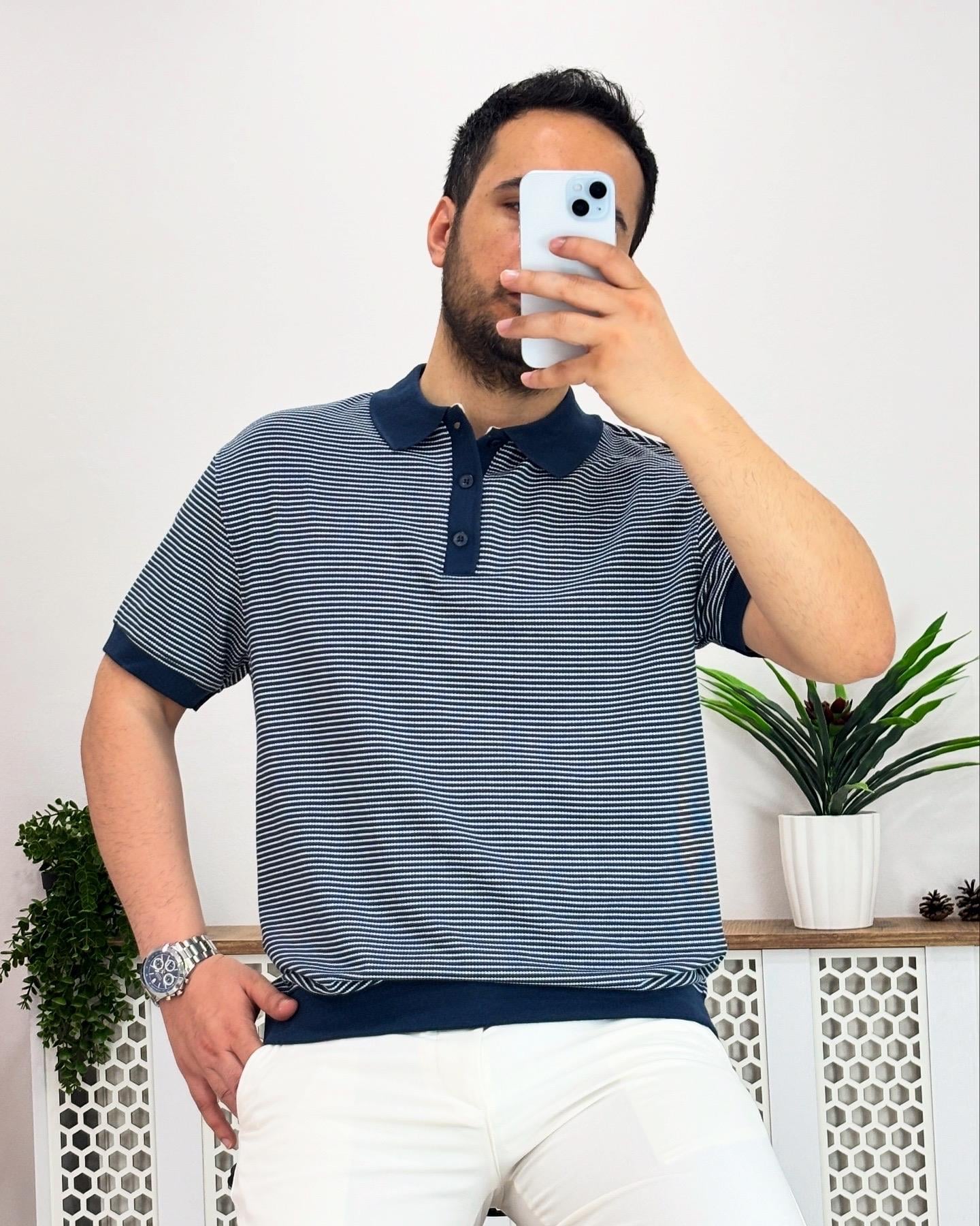Lacivert Beyaz Çizgili Polo Yaka Örme Tshirt T0015