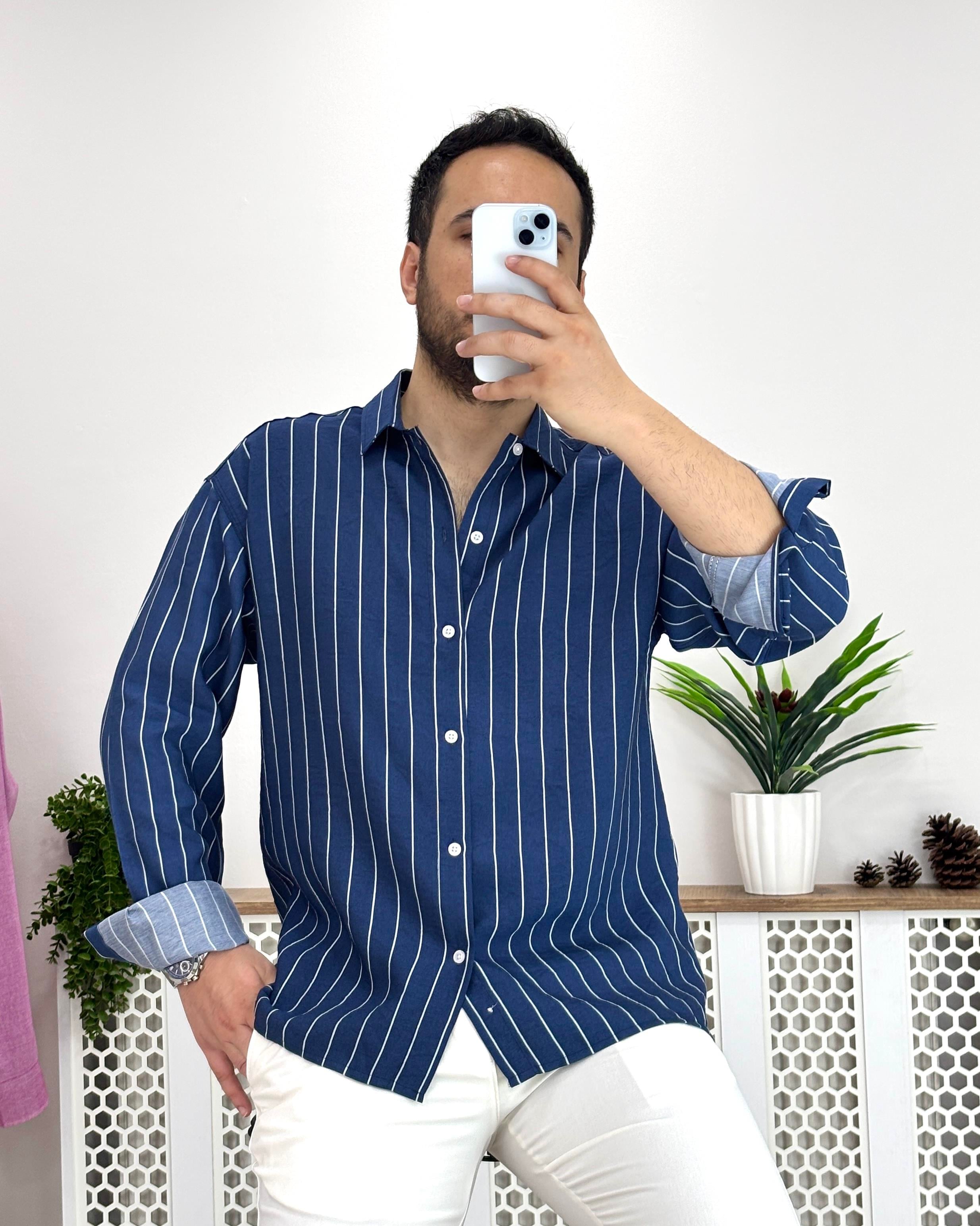 Lacivert Çizgili Oversize Gömlek G0028