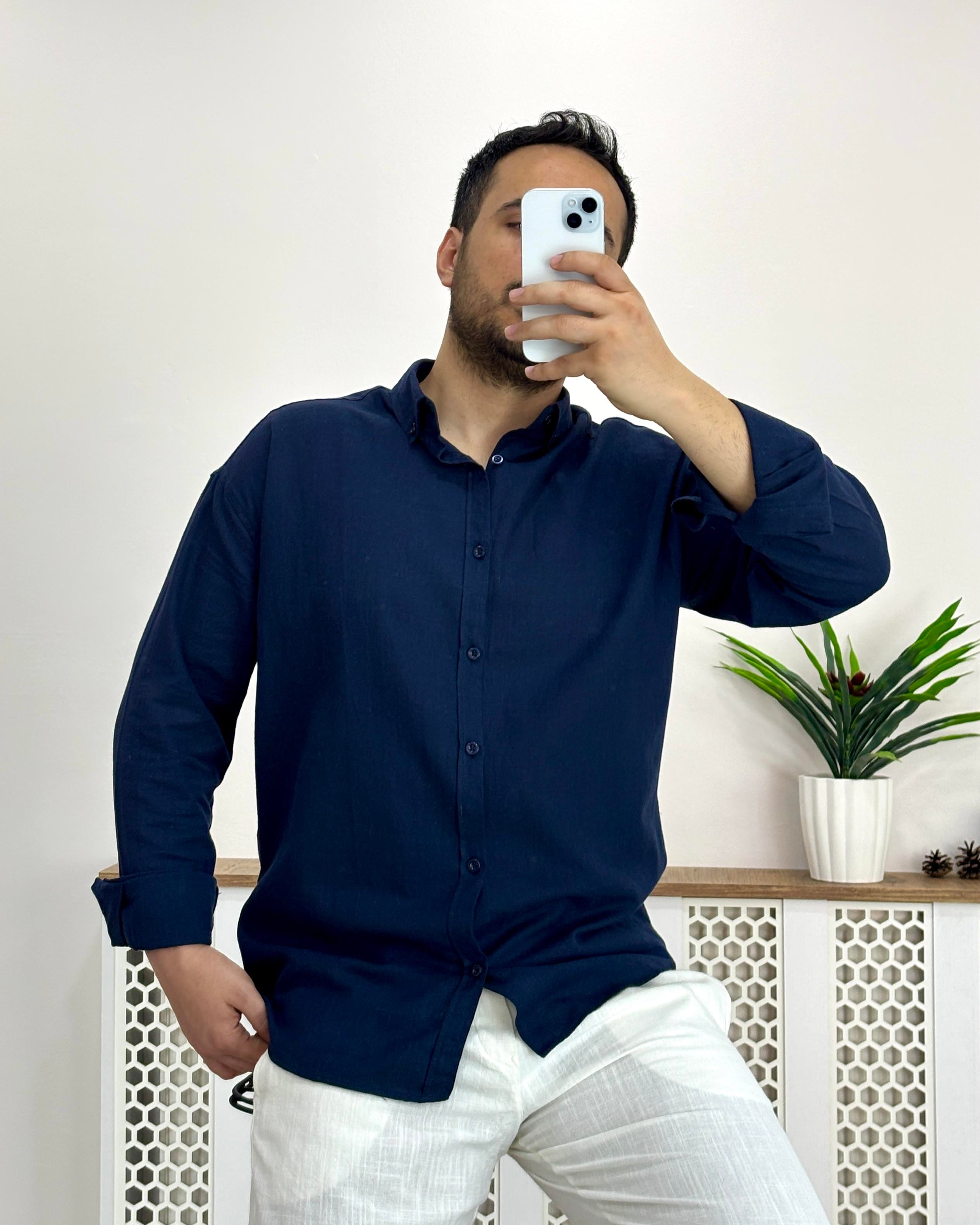 Lacivert Oversize Keten Gömlek G0018
