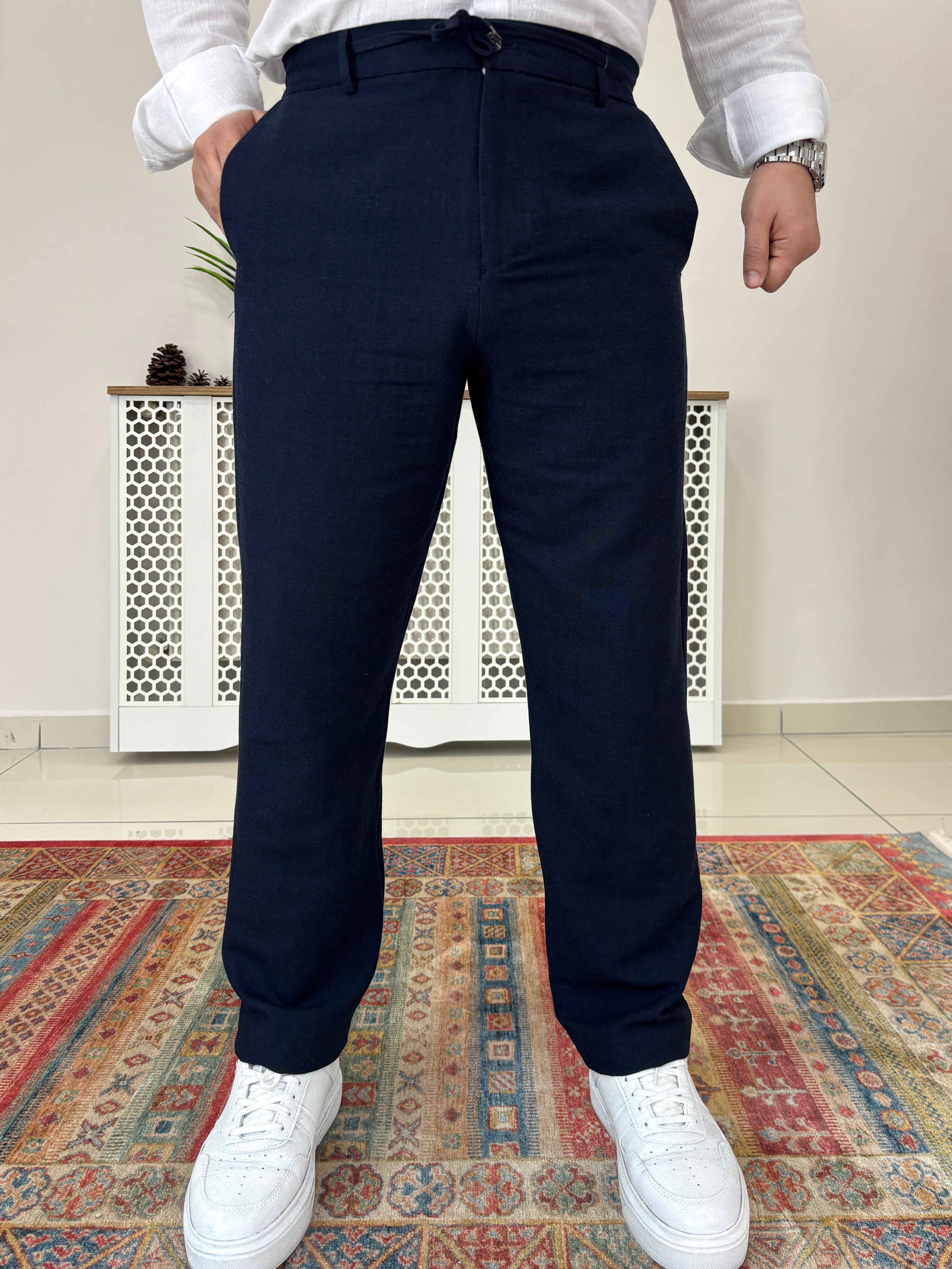 Lacivert Rahat Kalıp Keten Pantolon P0019