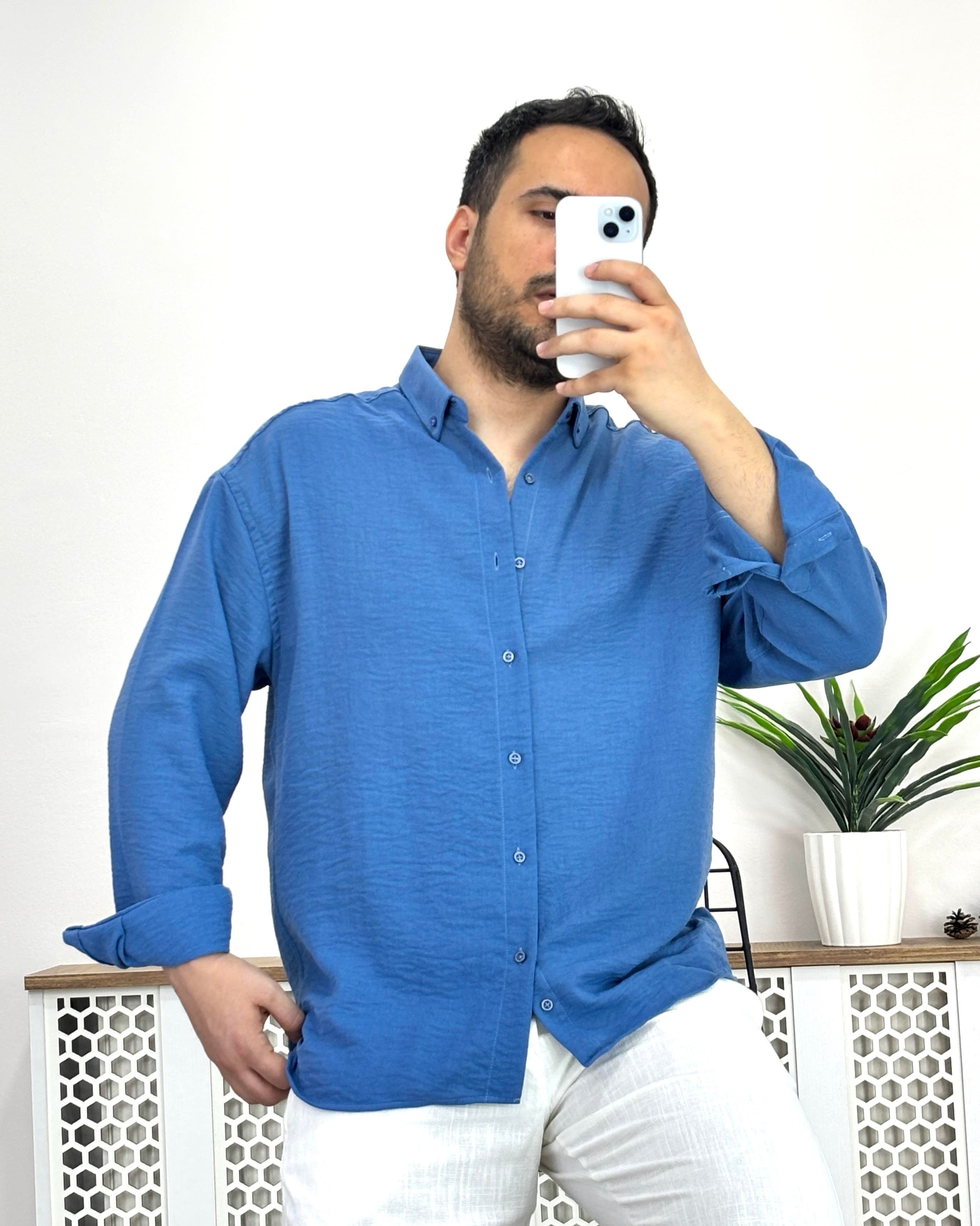 Mavi Pamuk Keten Oversize Gömlek G0027 