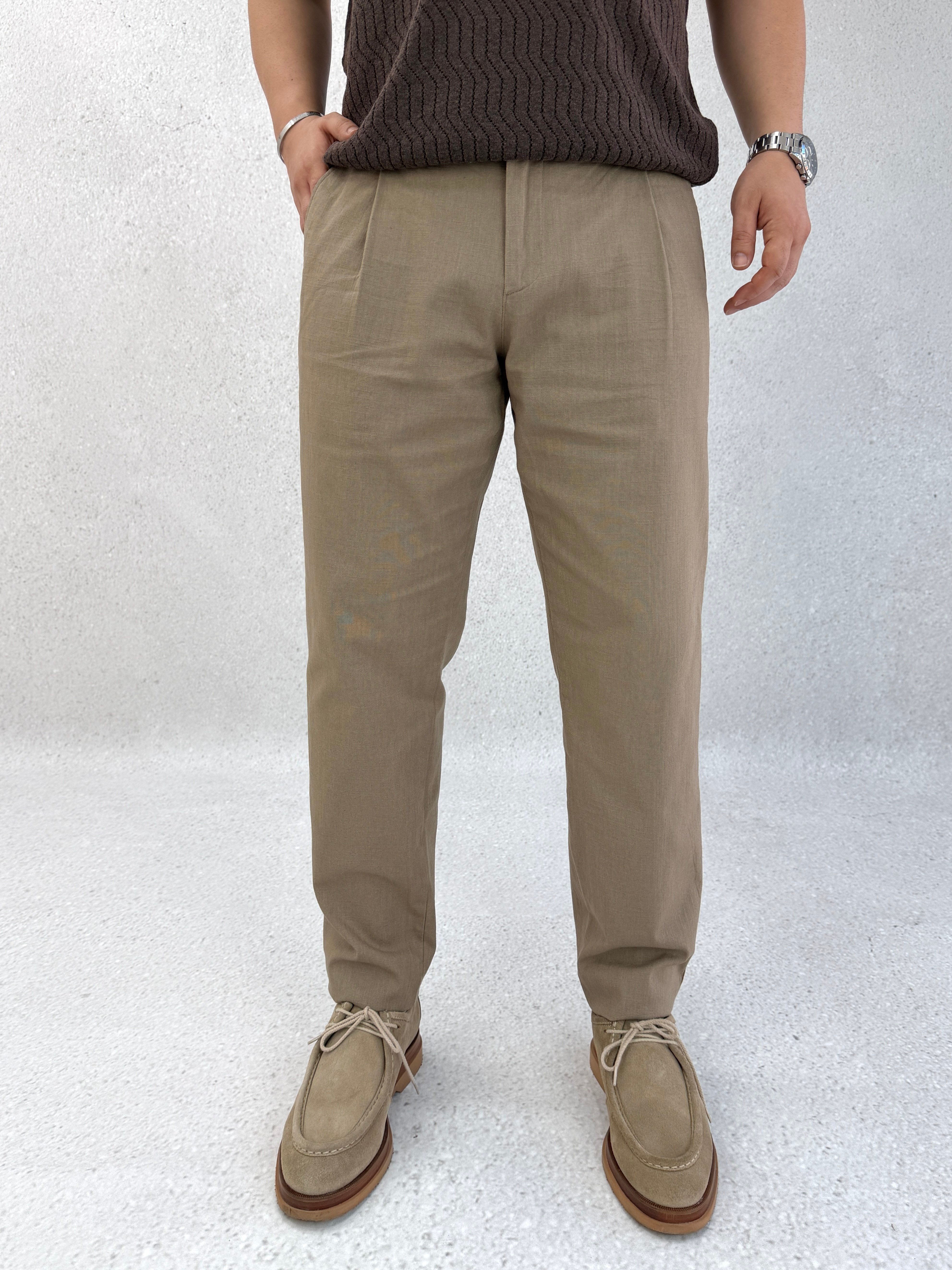 Pileli Regular Vizon Keten Pantolon P0035