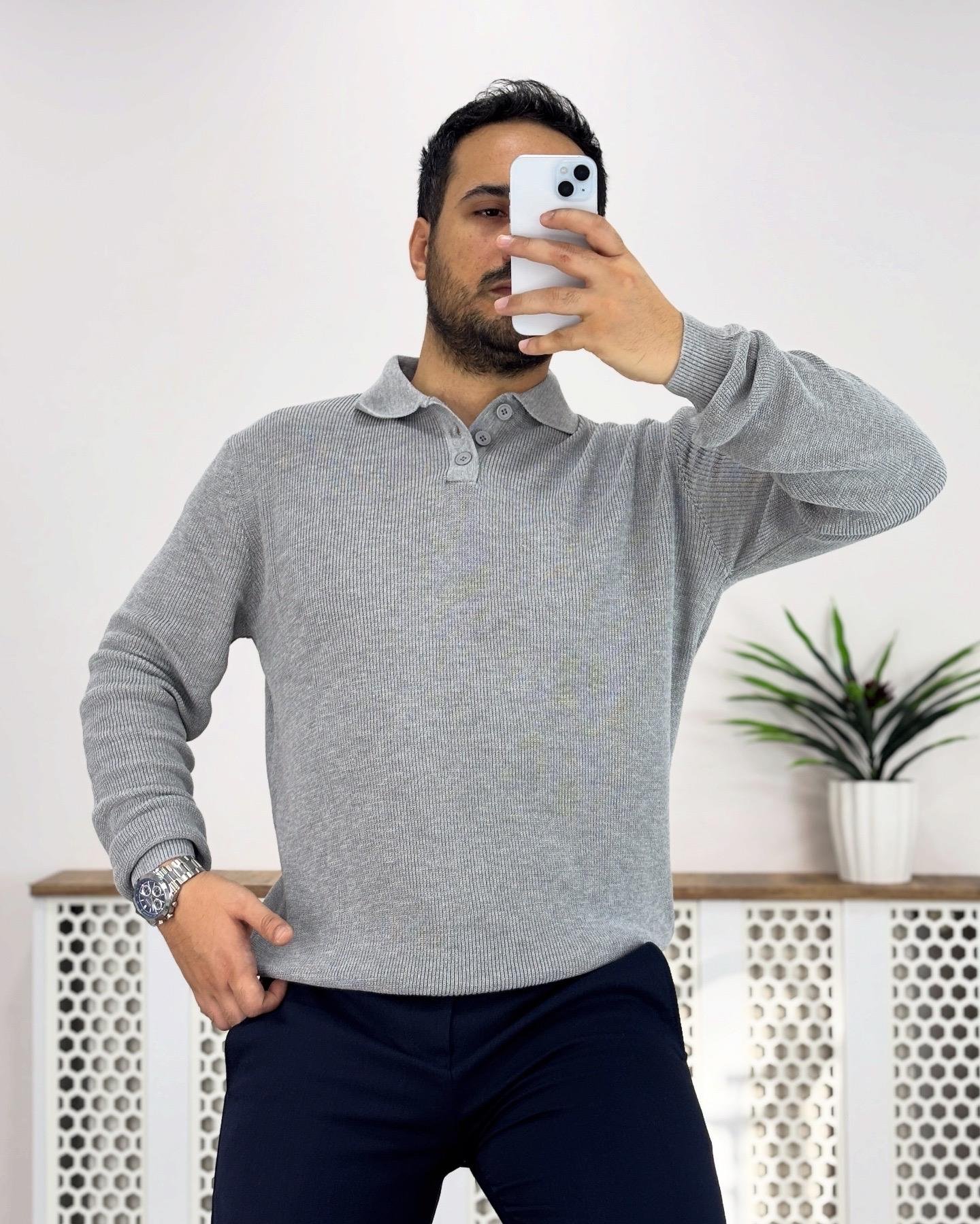 Polo Yaka İnce Triko Gri