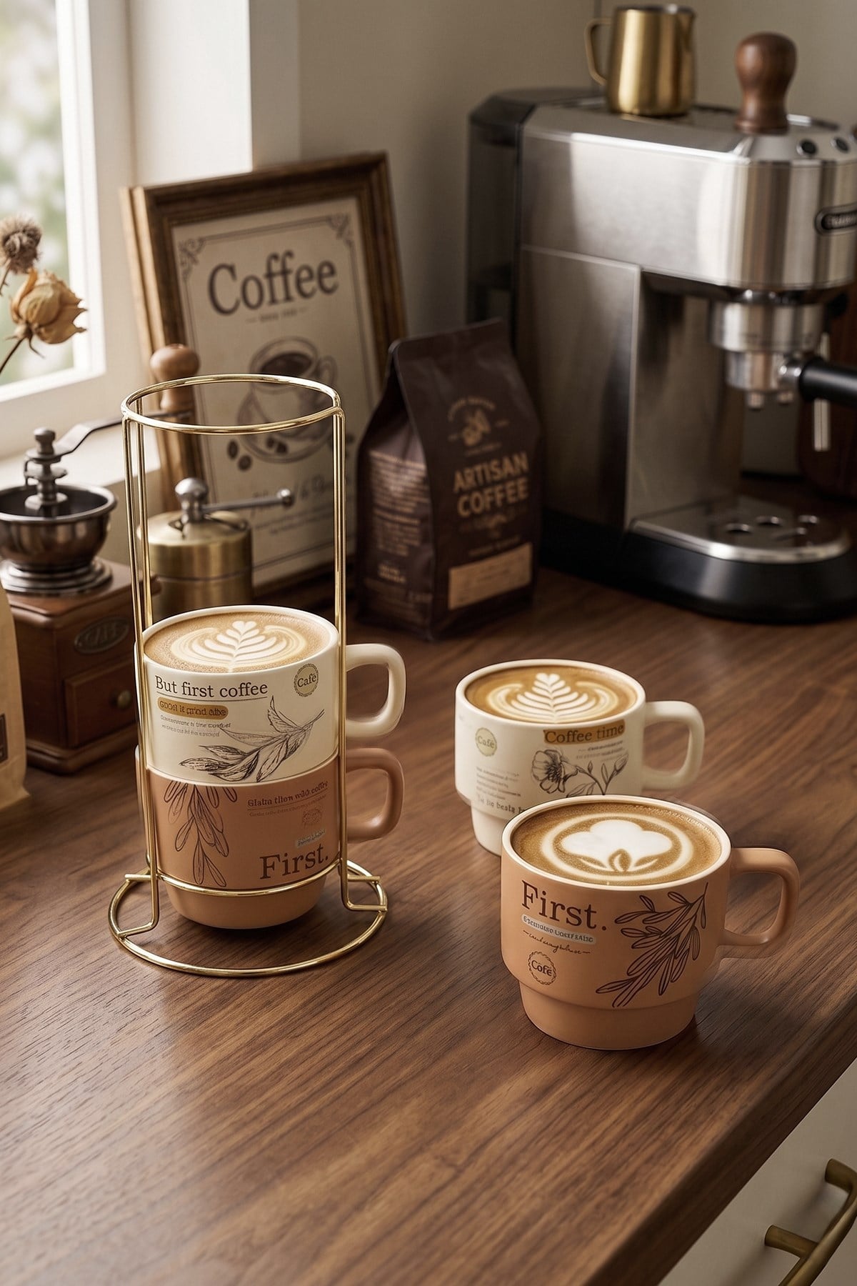 Bistro Metal Standlı 4 Adet Porselen Kupa Seti 200 ml Kahve Çay Fincanı Takımı
