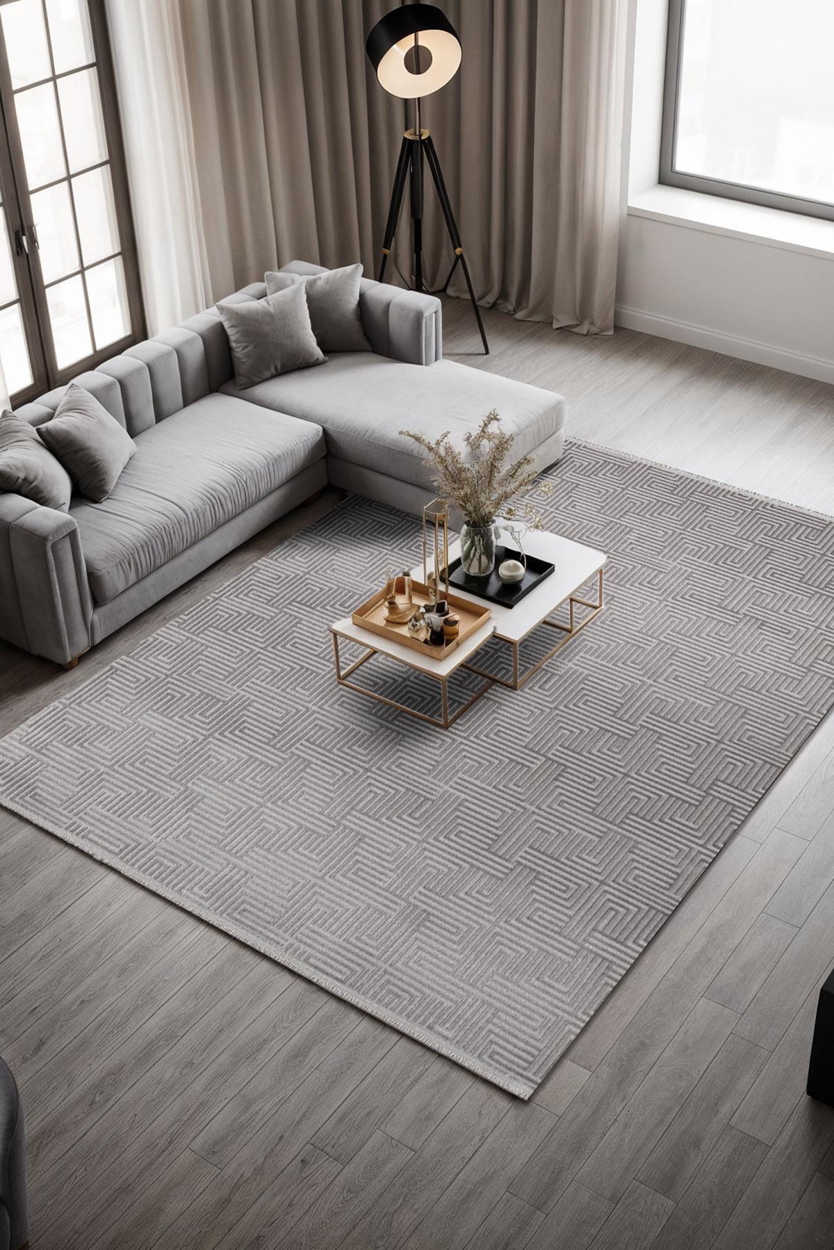 Clay CT005A Gri Halı Modern Desenli Triko Akrilik Pamuk Tabanlı Kaymaz Salon Oturma Odası Halısı