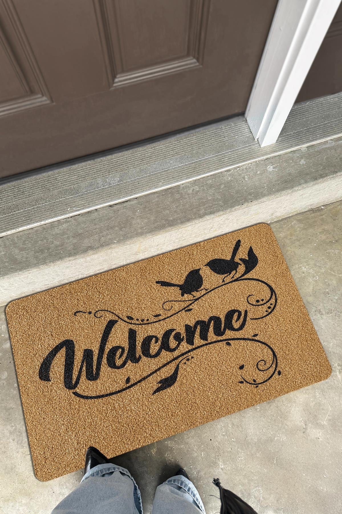 Coco Entry PS30A Welcome Kuş Desenli Kalın Kaymaz Taban Paspas