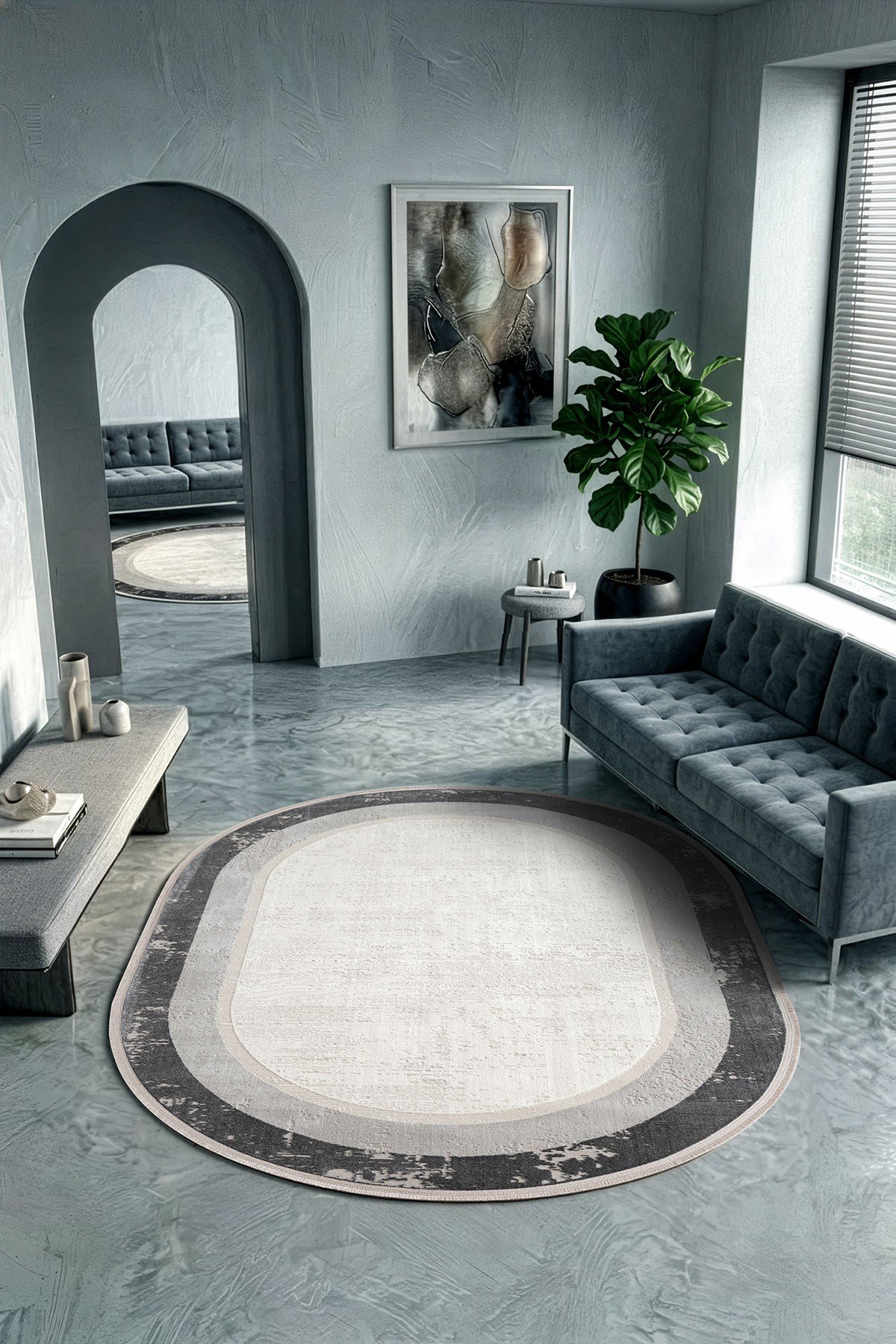 Cotto Motto TT003G Gri Oval Halı Klasik Çerçeveli Desen Pamuk Taban Yıkanabilir Salon Mutfak Halısı