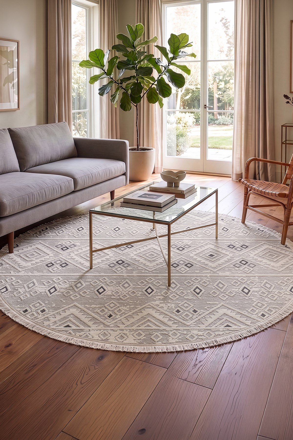 Cotto Motto TT008A Yuvarlak Krem Halı Modern Geometrik Desen Pamuk Taban Yıkanabilir Salon Mutfak