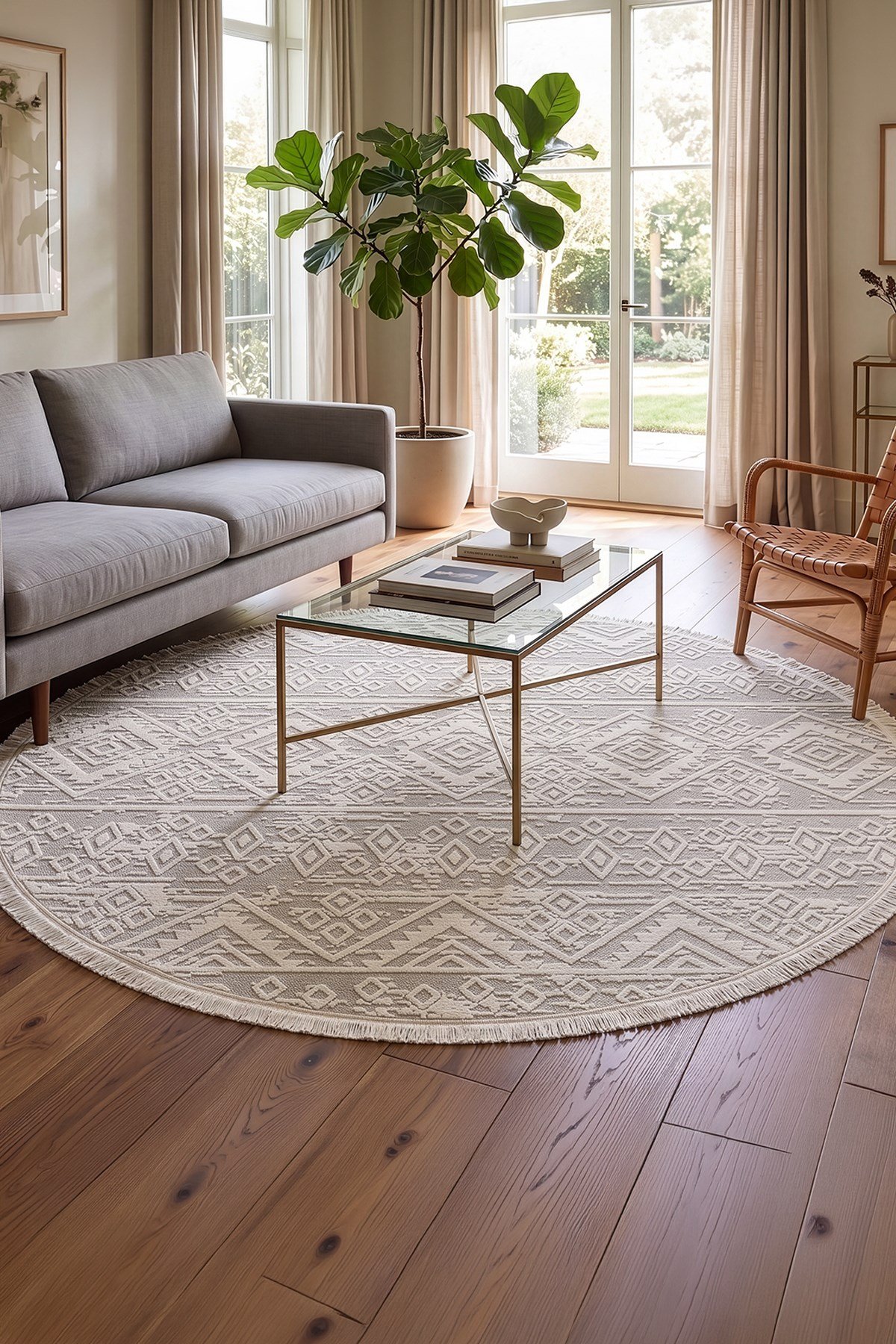 Cotto Motto TT008W Yuvarlak Krem Beyaz Halı Geometrik Desen Pamuk Taban Yıkanabilir Salon Mutfak