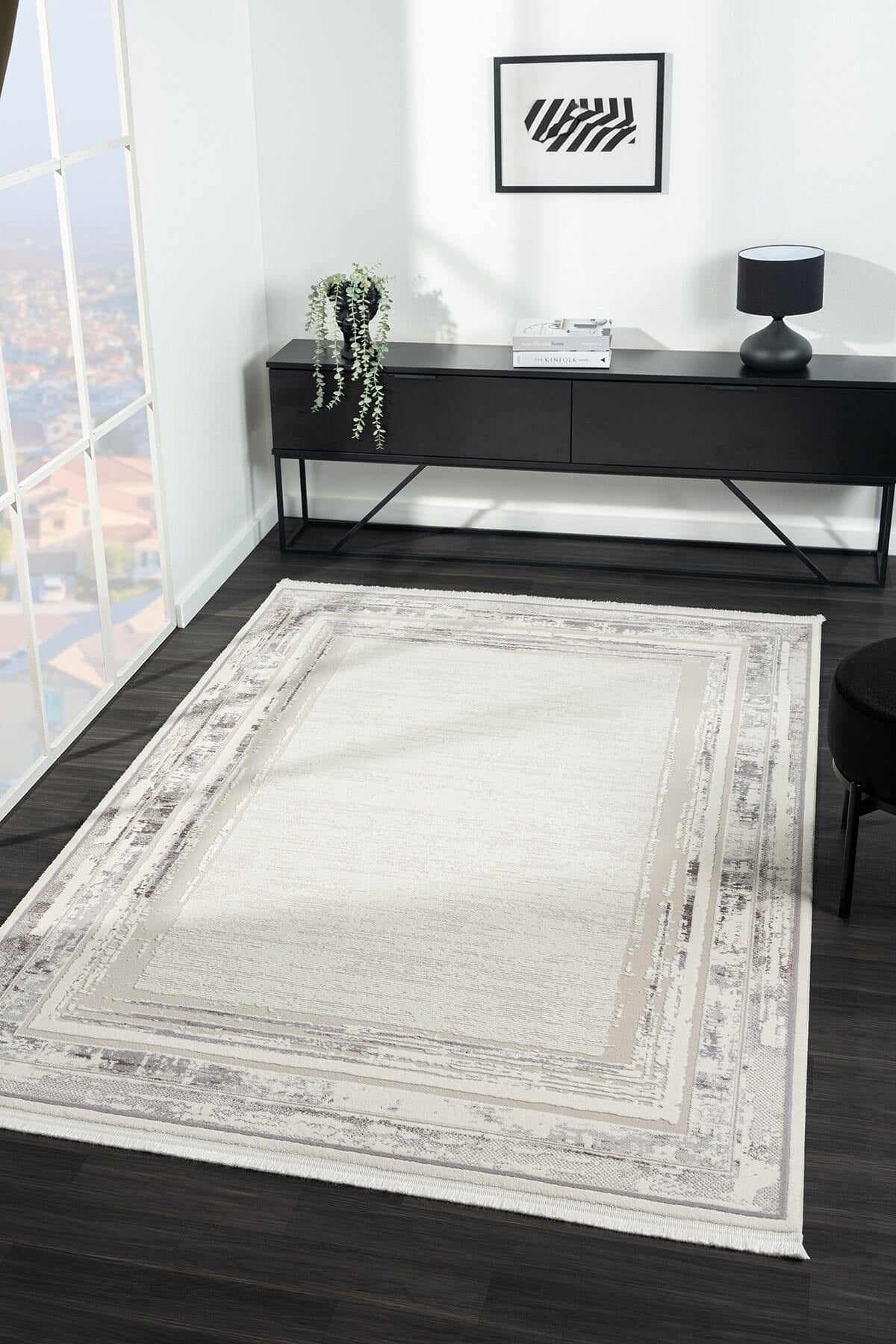 Feel FL003A Beyaz Halı Modern Çerçeve Desenli Akrilik Pamuk Taban