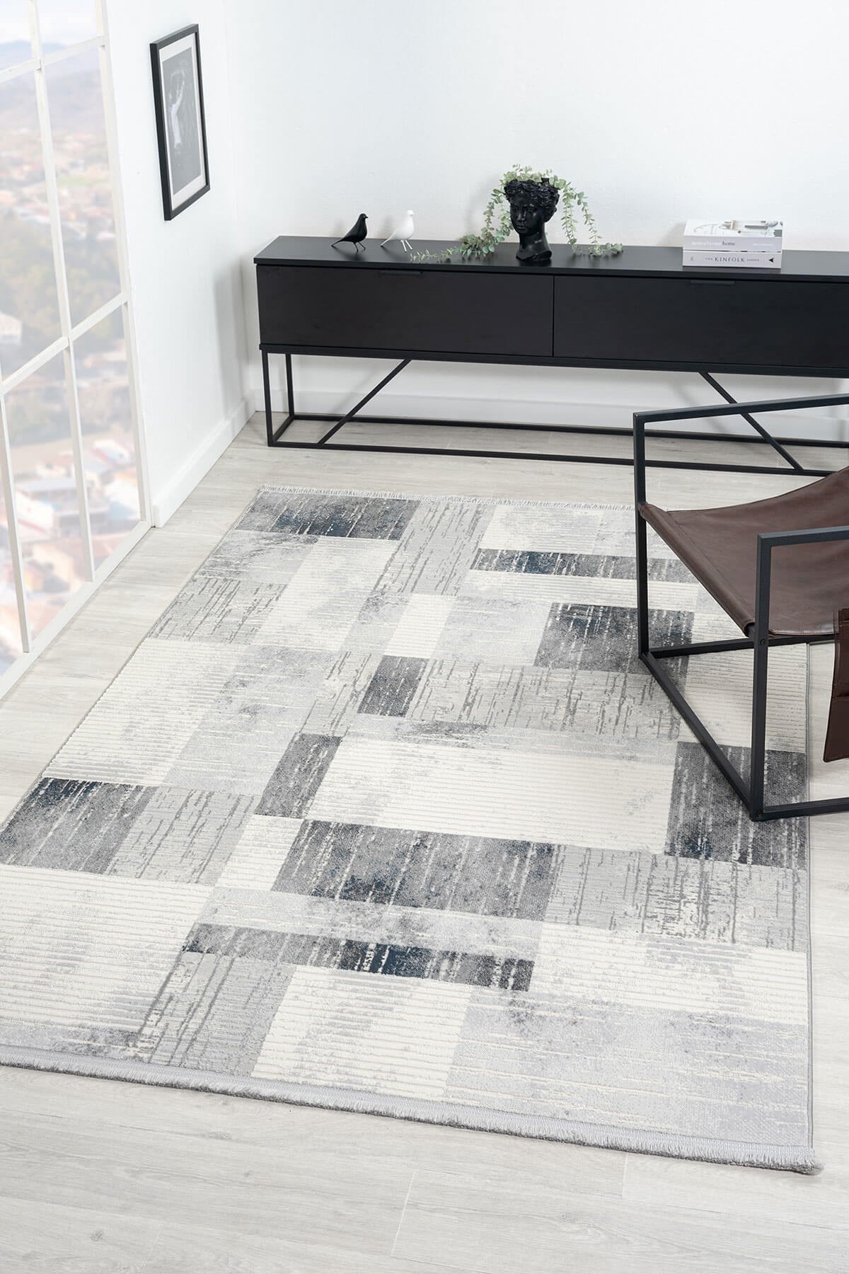 Loya LY005G Gri Halı Geometrik Desenli Pamuk Taban Salon Halısı Yatak Odası Koridor