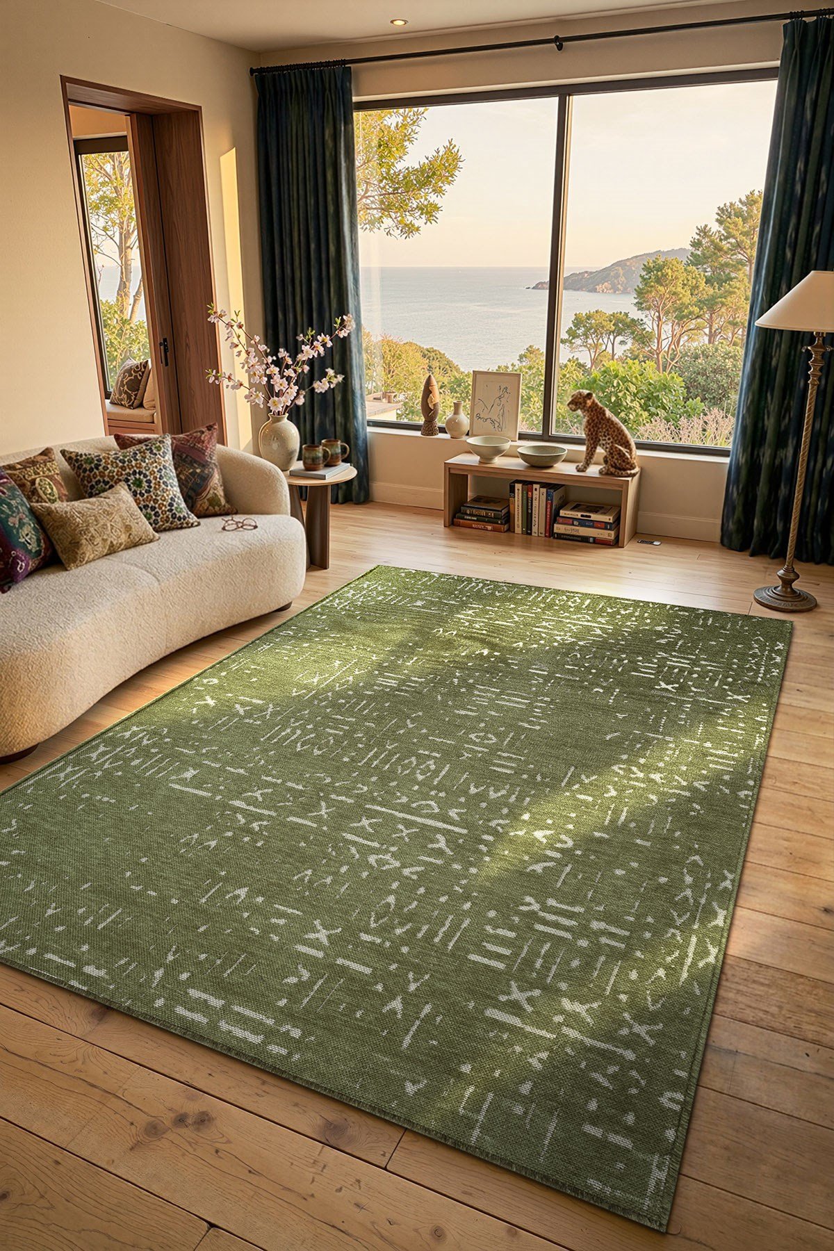 Mikasa MKS01Y Yeşil Dekoratif Şönil Kilim İskandinav Desen Yıkanabilir Yumuşak Kaymaz Taban Halı