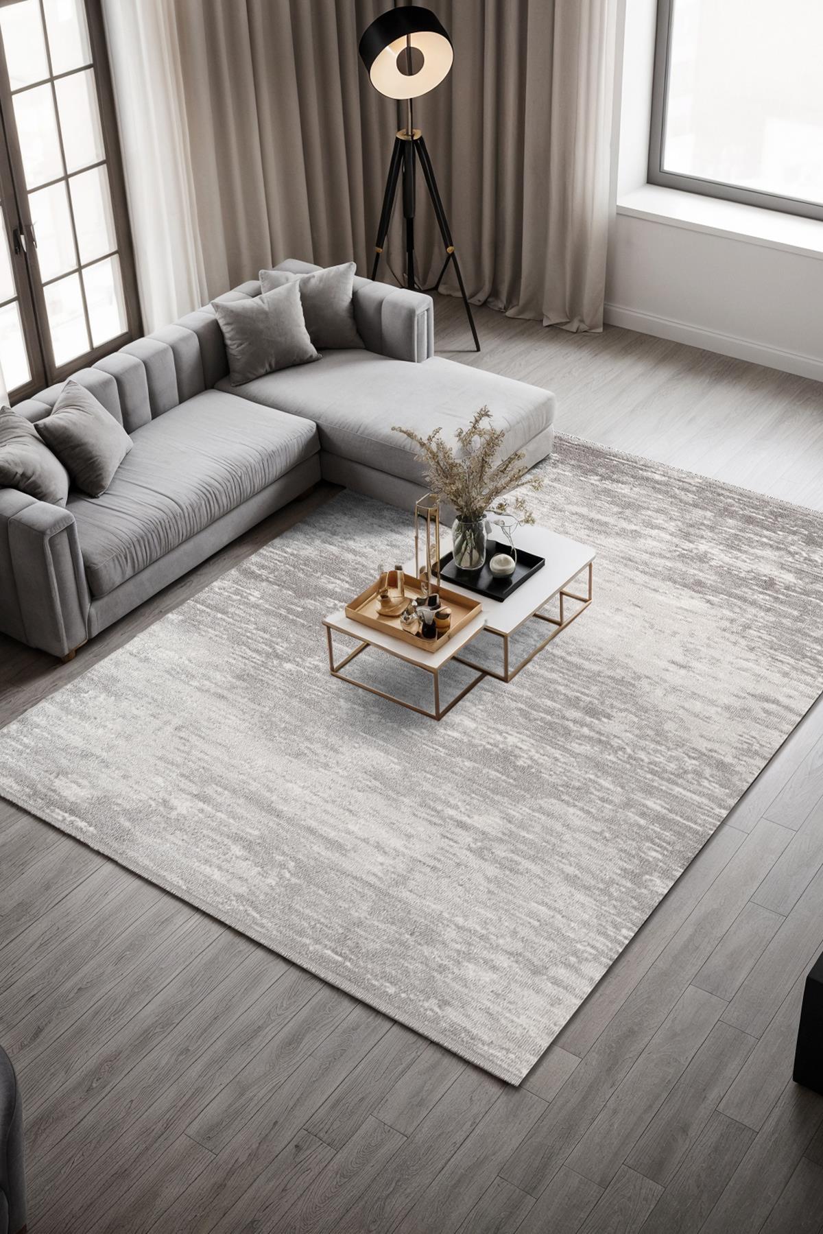 Noval CT014A Gri Halı Modern Desen Pamuk Taban Akrilik Tozuaz Salon Yatak Odası Koridor Halısı