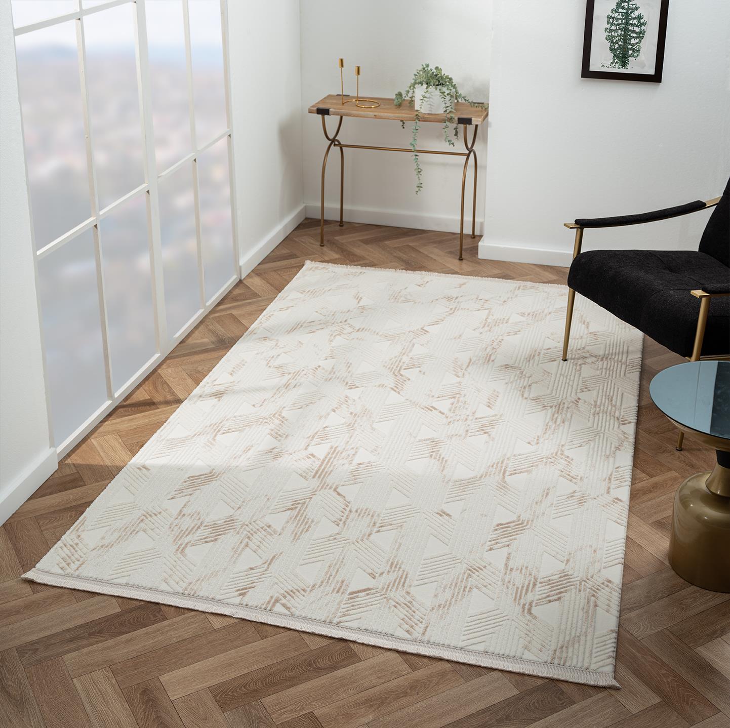 Scala SC012A Beyaz Halı Modern Desenli Tozu Az Akrilik Pamuk Taban