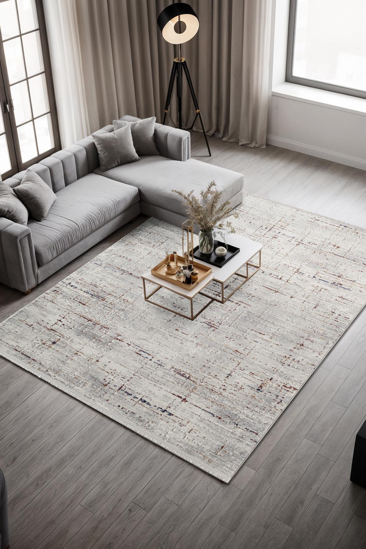 Soıl CT008A Gri Halı Renkli Detaylı Modern İnce Akrilik Tozuaz Salon Halısı Yatak Odası Koridor