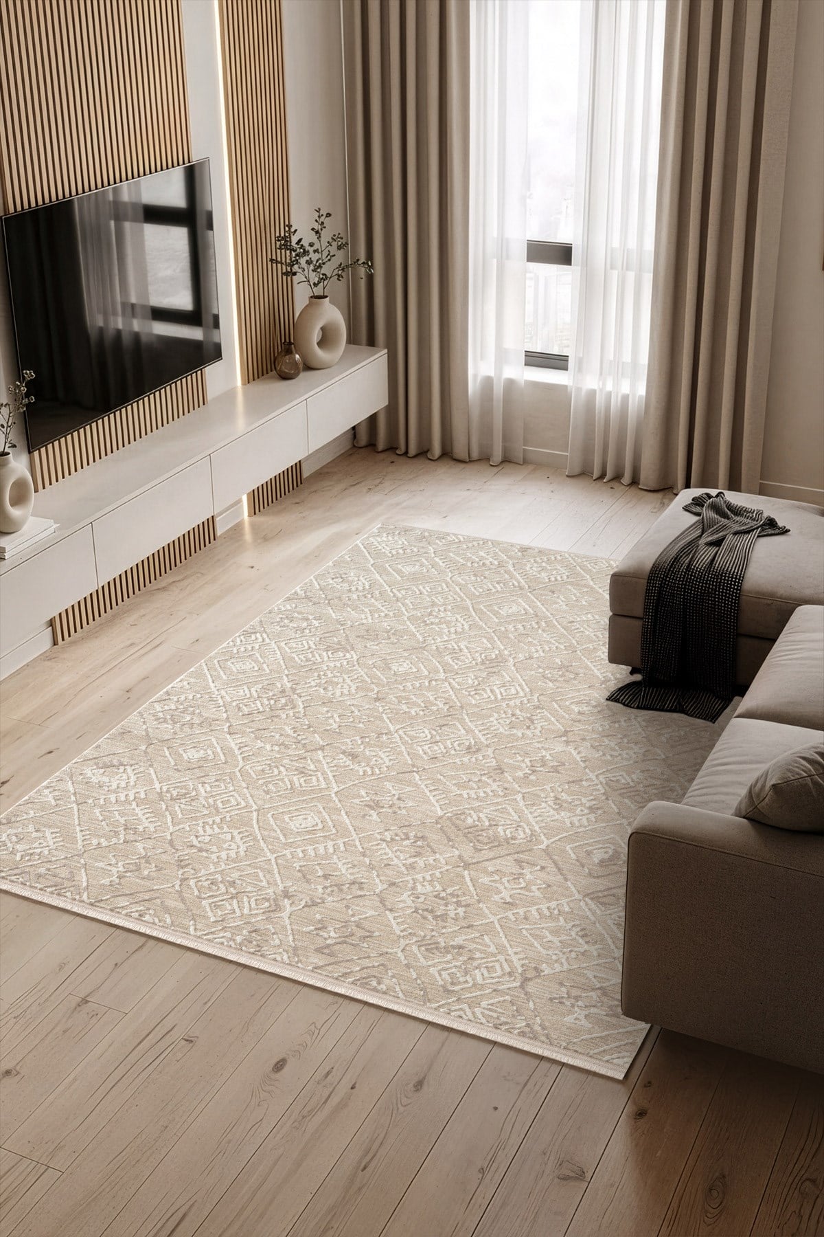 Stena SA006A Krem Bej Halı Geometrik Desen Pamuk Taban Salon Halısı Yatak Odası Koridor
