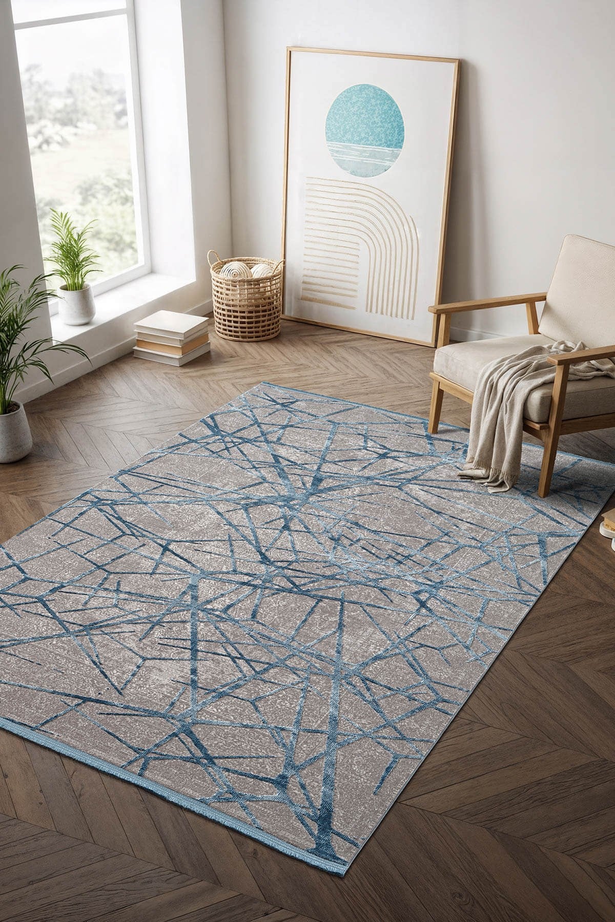 Step SE001M Gri Halı Modern Dekoratif Mavı Çizgili Pamuk Taban
