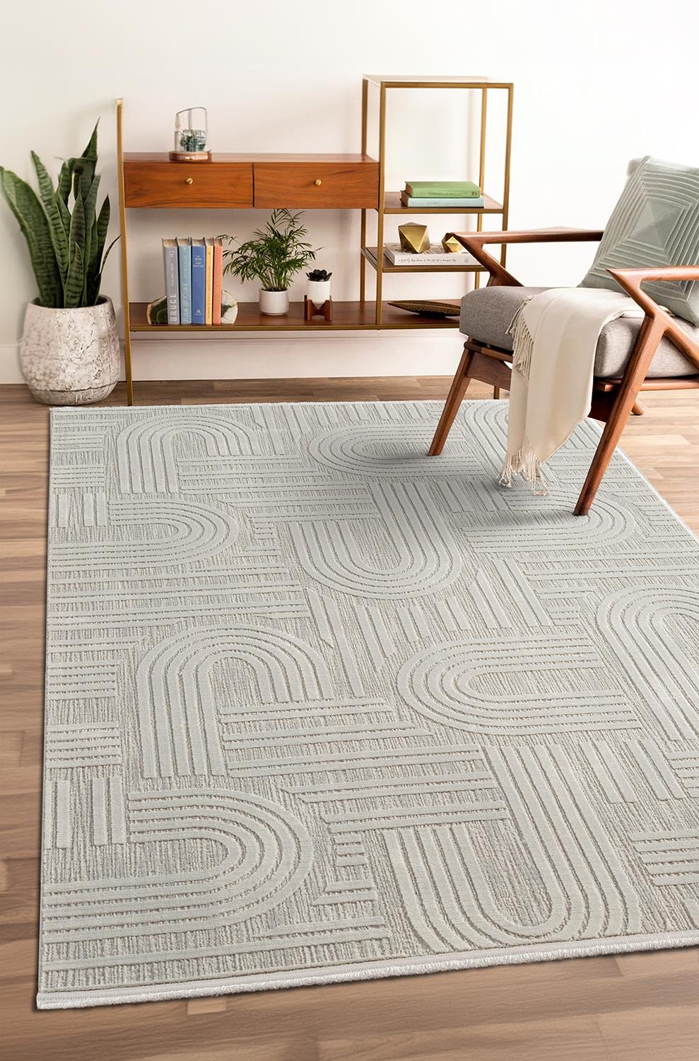 Tablo TL007A Gri Halı Geometrik Desen Antialerjik Pamuk Taban Yıkanabilir