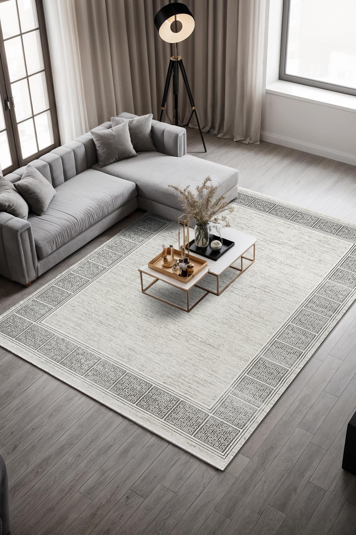 Talis CT016A Gri Halı Antrasit Kenar Çerçeveli Modern Parlak Yumuşak Kadife Salon Mutfak Halısı