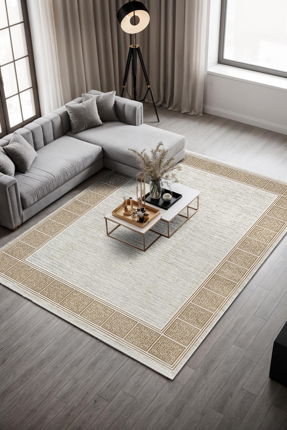 Talis CT017A Gri Halı Gold Kenar Çerçeveli Modern Parlak Yumuşak Kadife Salon Mutfak Halısı