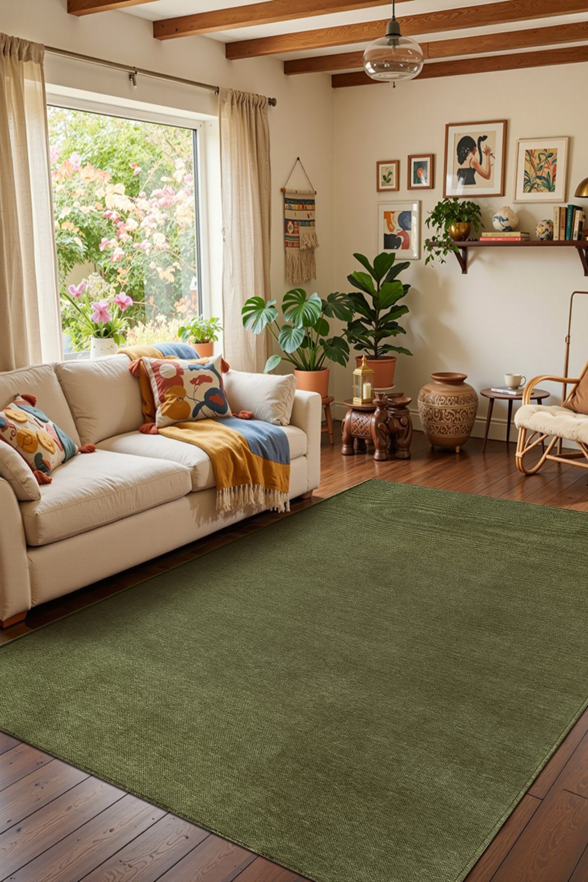 Valerıa VLR01Y Yeşil Dekoratif Şönil Kilim Modern Desen Yıkanabilir Yumuşak Kaymaz Taban Halı Yolluk