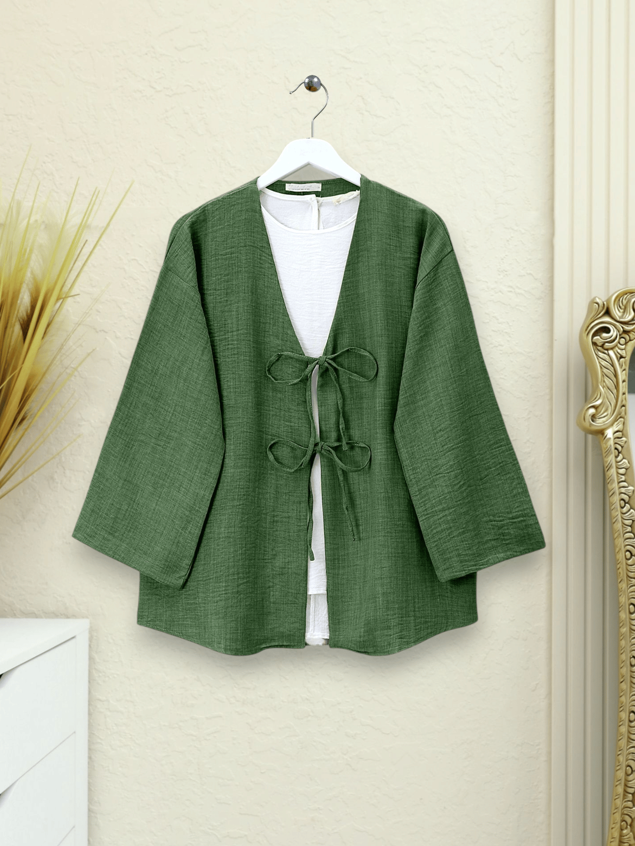  Önü Bağcıklı Keten Kimono