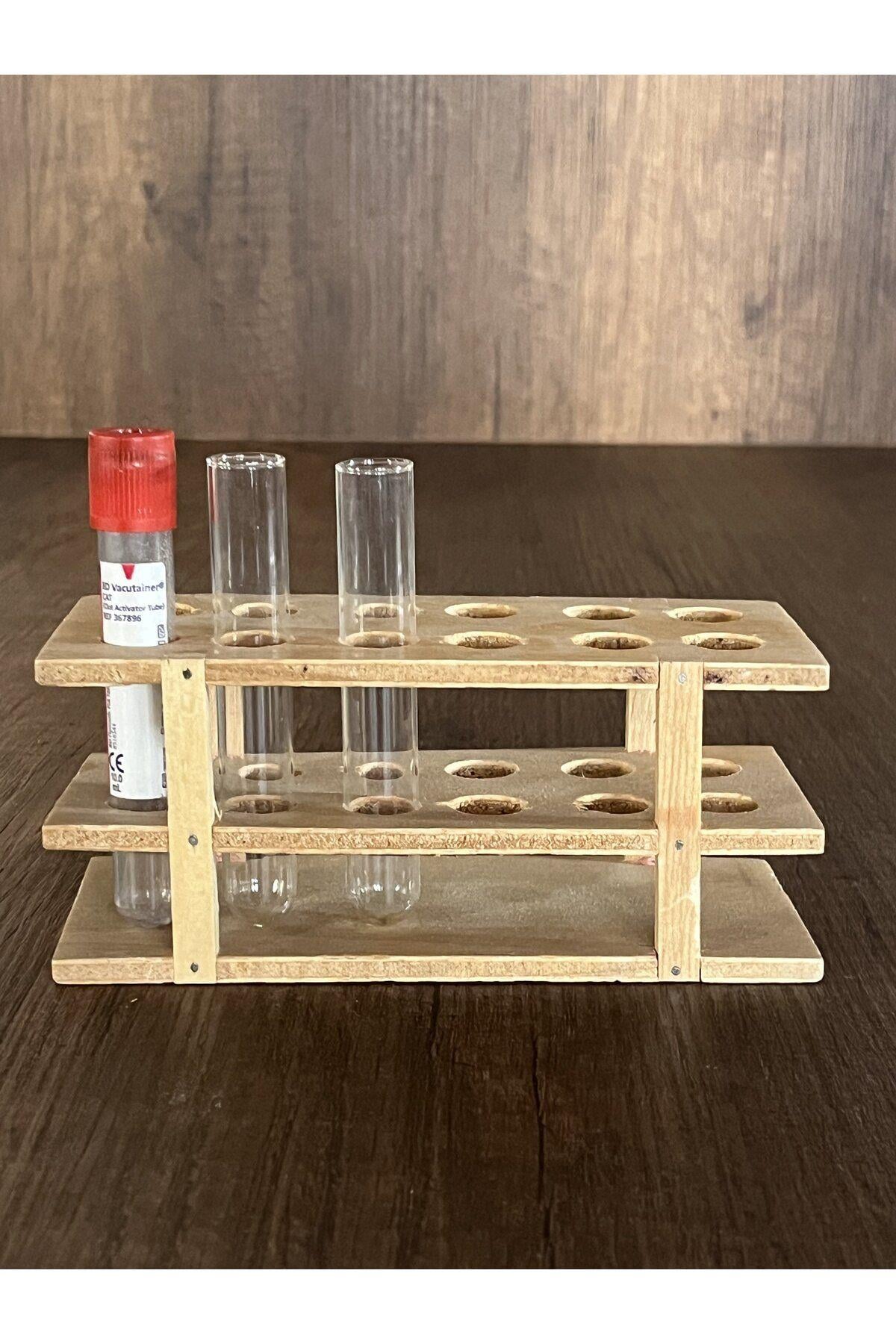 12'li Ahşap Tüp Standı Tüp Sporu [ Kan Tüpü ve Deney Tüpü (16*100mm) Uyumlu]