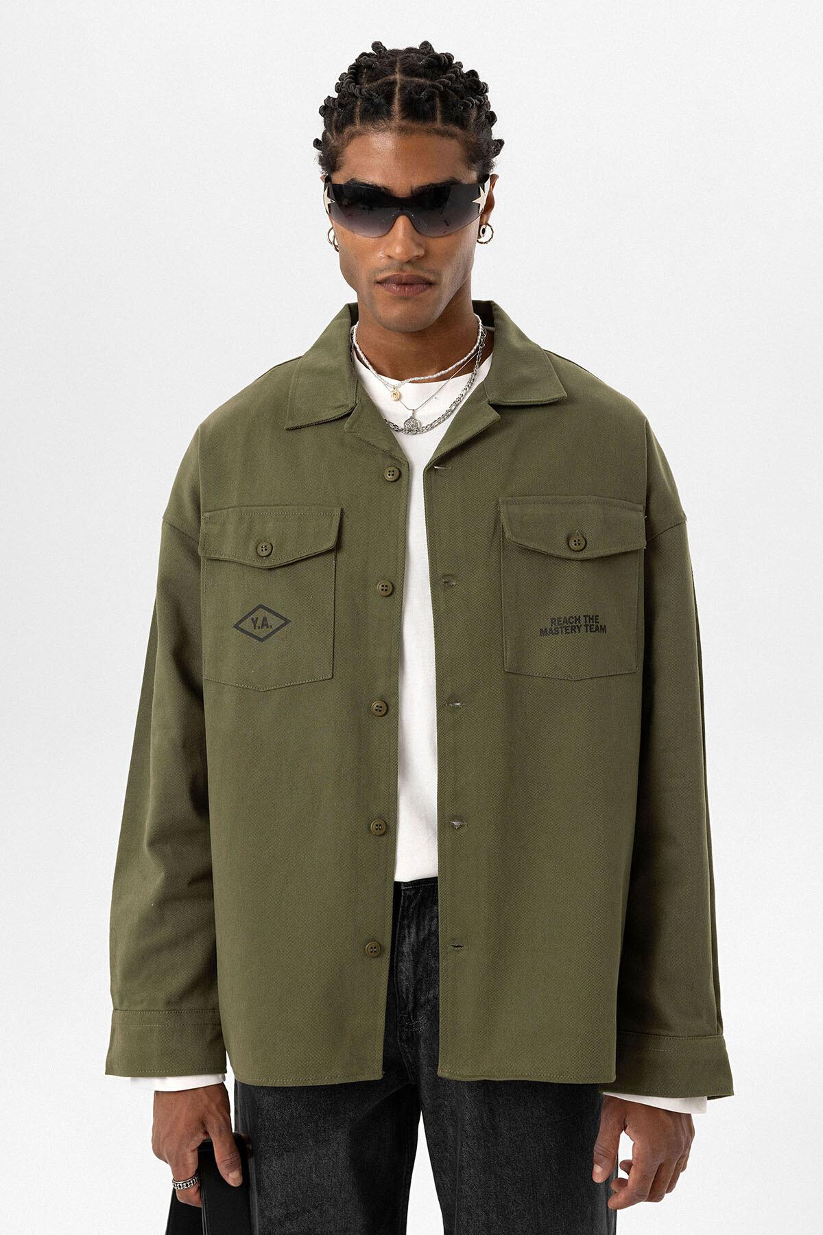 Arka Baskılı Oversize Denım Ceket Haki