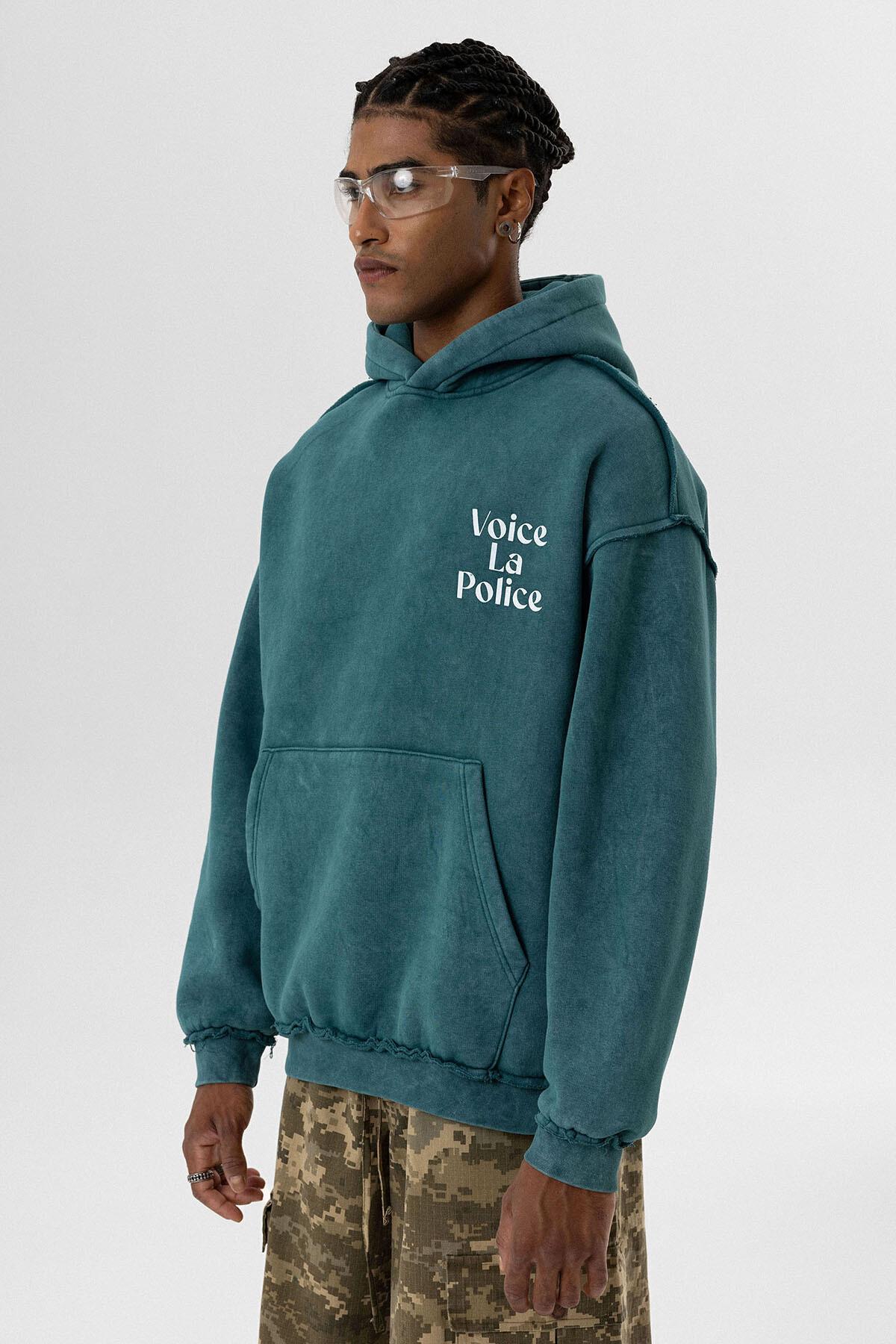 Arka Baskılı Oversize Kapüşonlu Sweatshirt Petrol