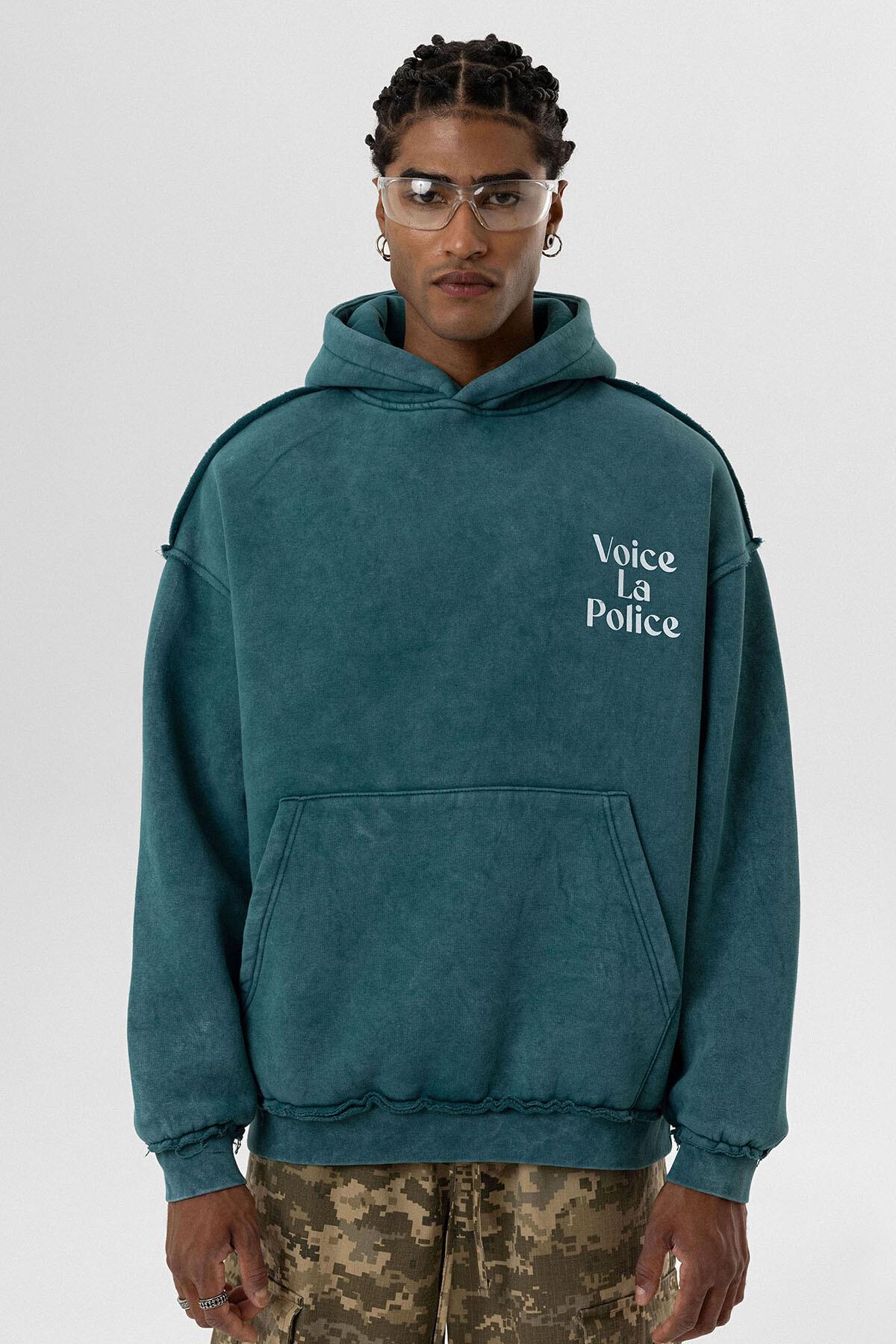 Arka Baskılı Oversize Kapüşonlu Sweatshirt Petrol