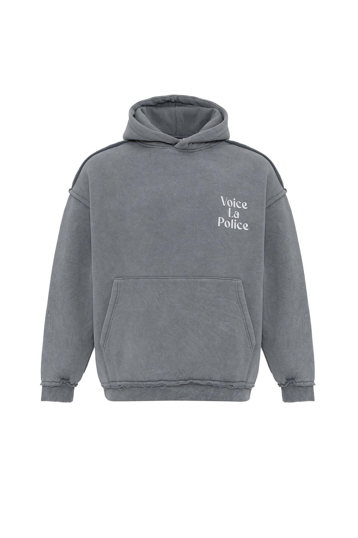 Arka Baskılı Oversize Kapüşonlu Sweatshirt Açık Füme