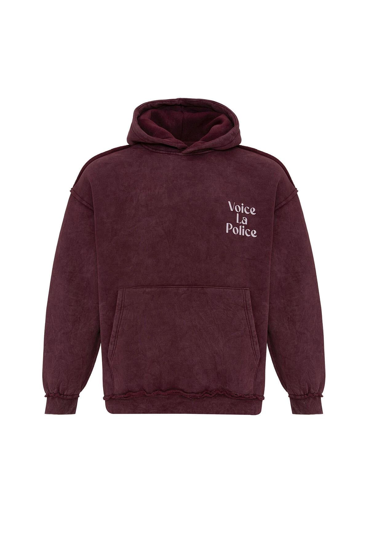 Arka Baskılı Oversize Kapüşonlu Sweatshirt Bordo