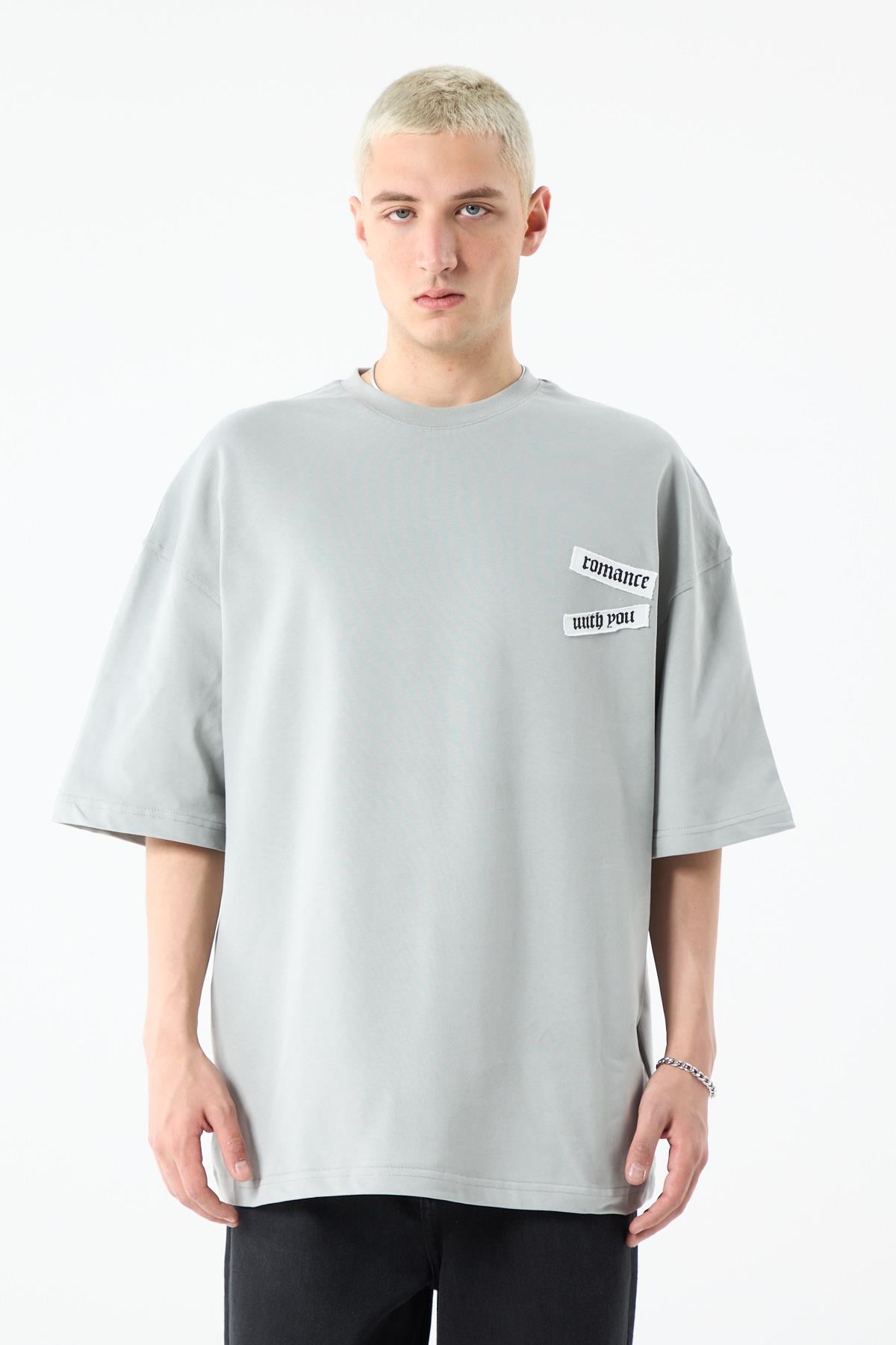 Arka Baskılı Oversize Tişört Gri