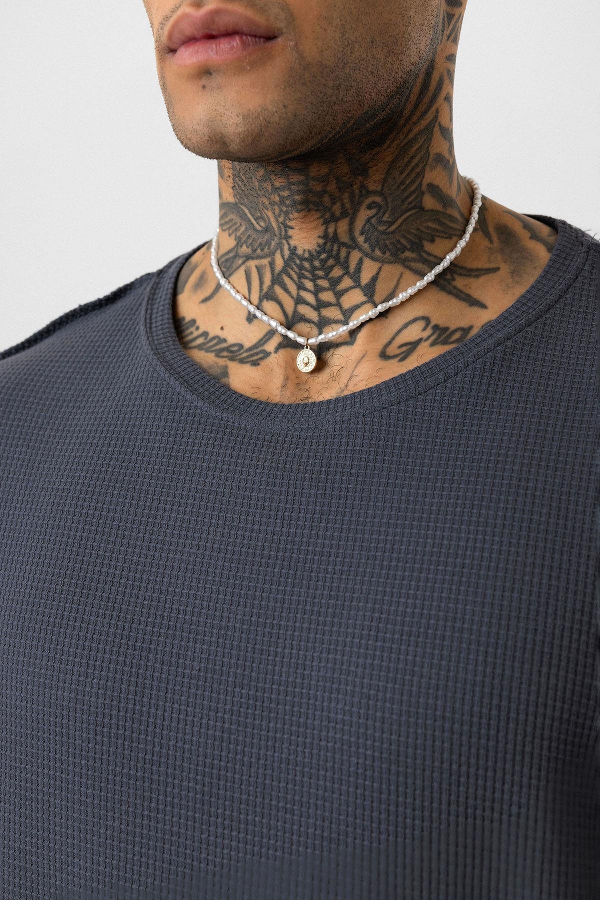 Arka Yazı Baskılı Oversize Triko Tişört Füme