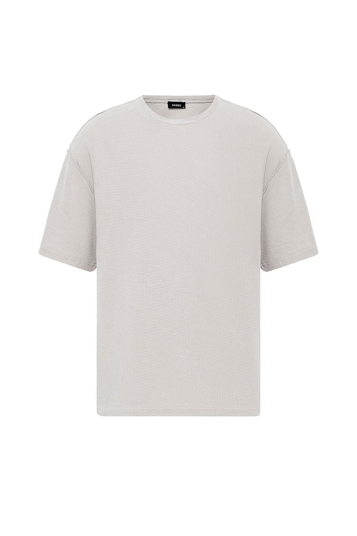 Arka Yazı Baskılı Oversize Triko Tişört Gri