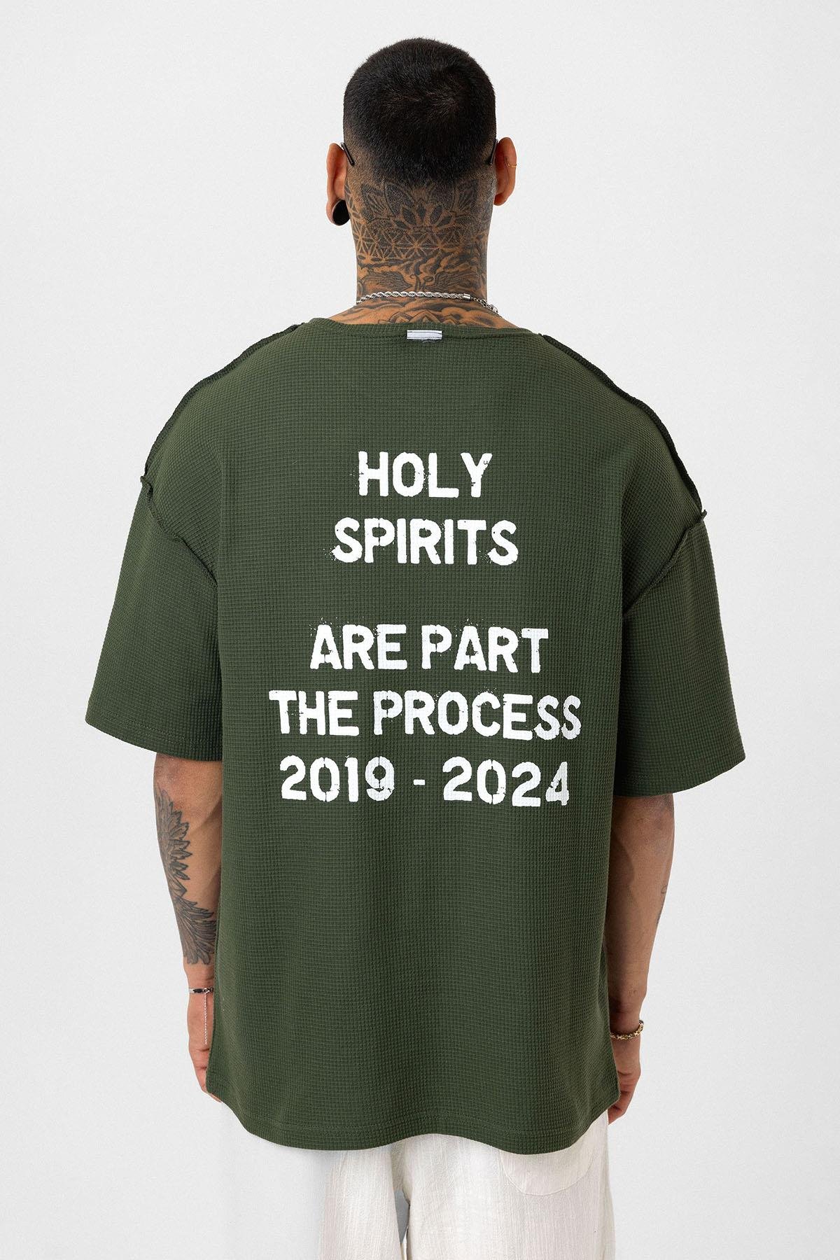 Arka Yazı Baskılı Oversize Triko Tişört Haki