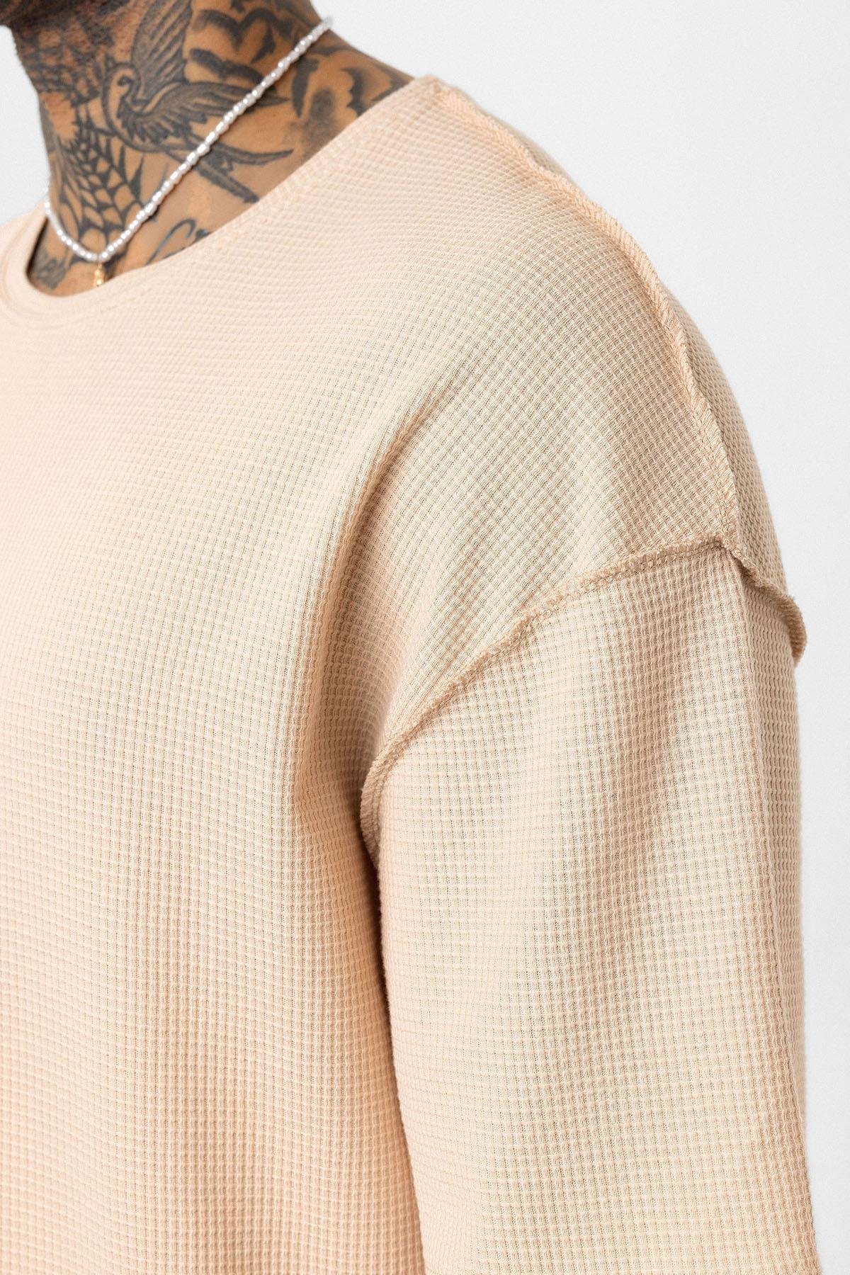 Arka Yazı Baskılı Oversize Triko Tişört Bej