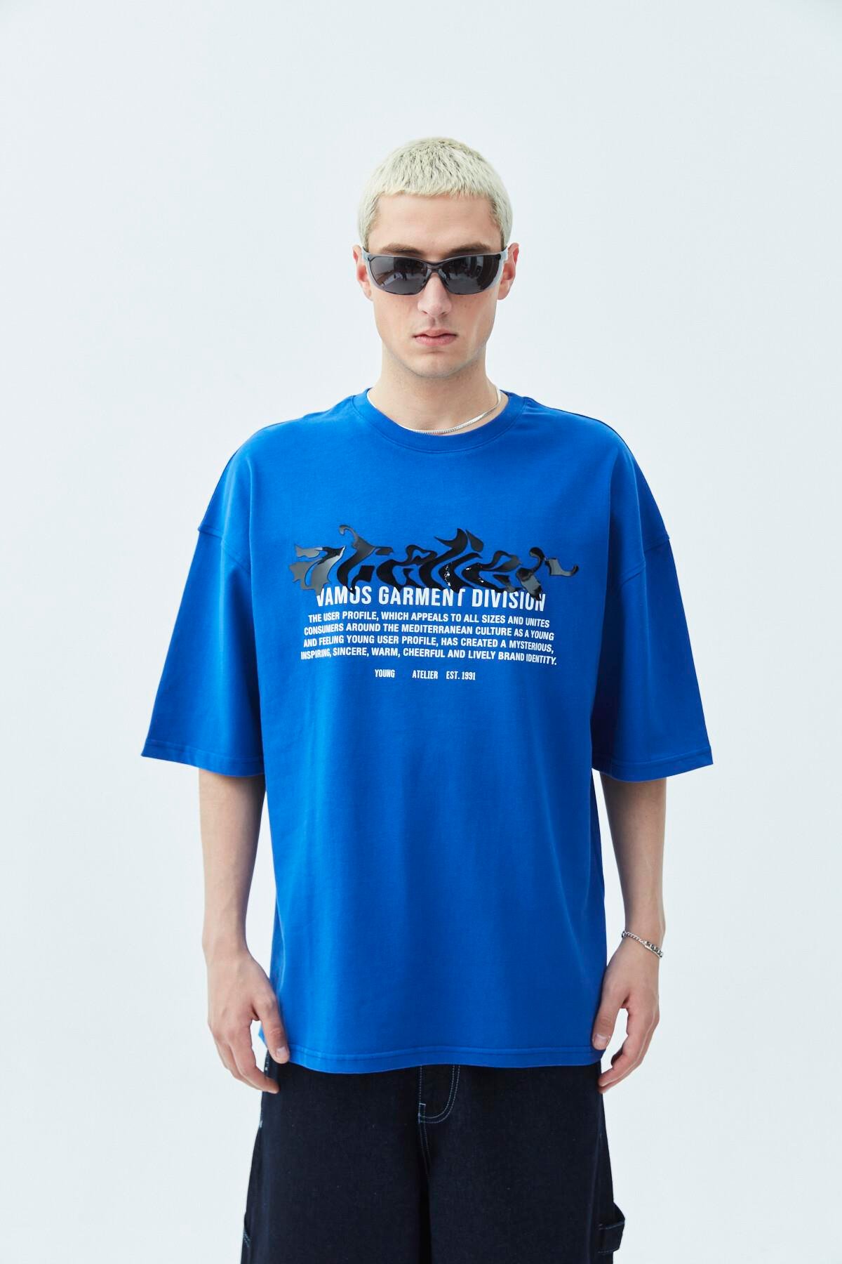 Atelier Kabartma Baskılı Oversize Tişört Saks