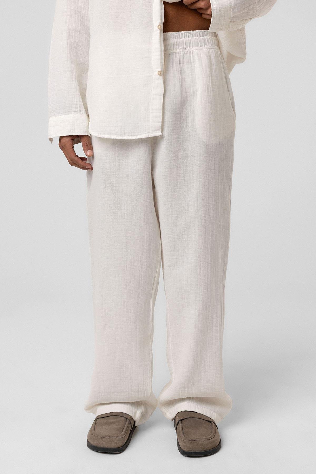 Baggy Fit Müslin Keten Pantolon Ekru