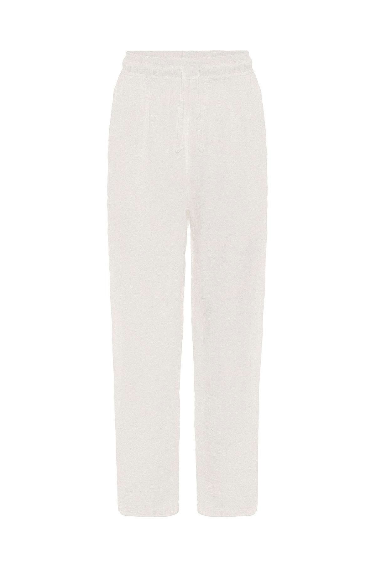 Baggy Fit Müslin Keten Pantolon Ekru