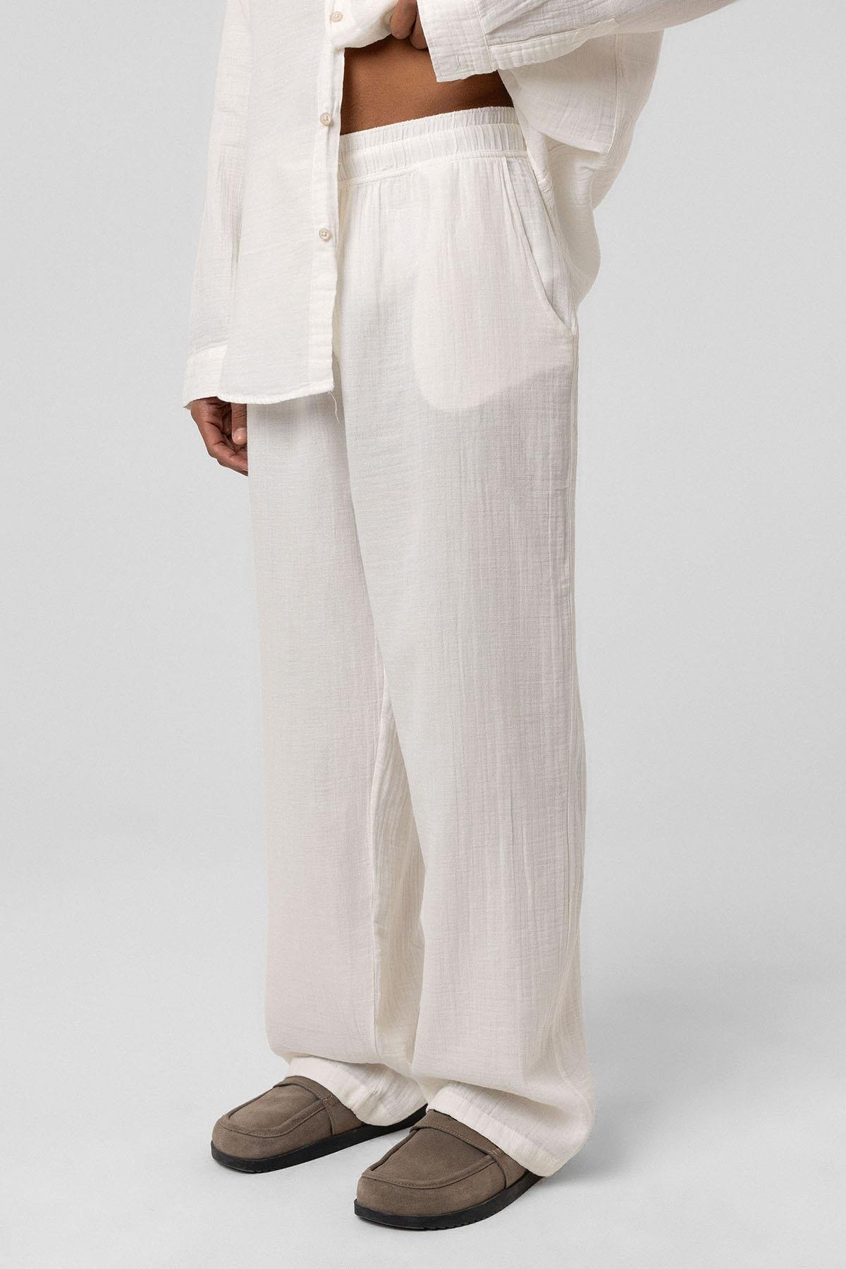 Baggy Fit Müslin Keten Pantolon Ekru