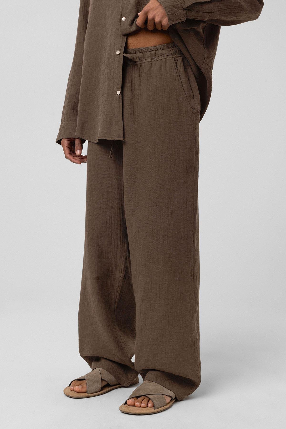 Baggy Fit Müslin Keten Pantolon Kahve