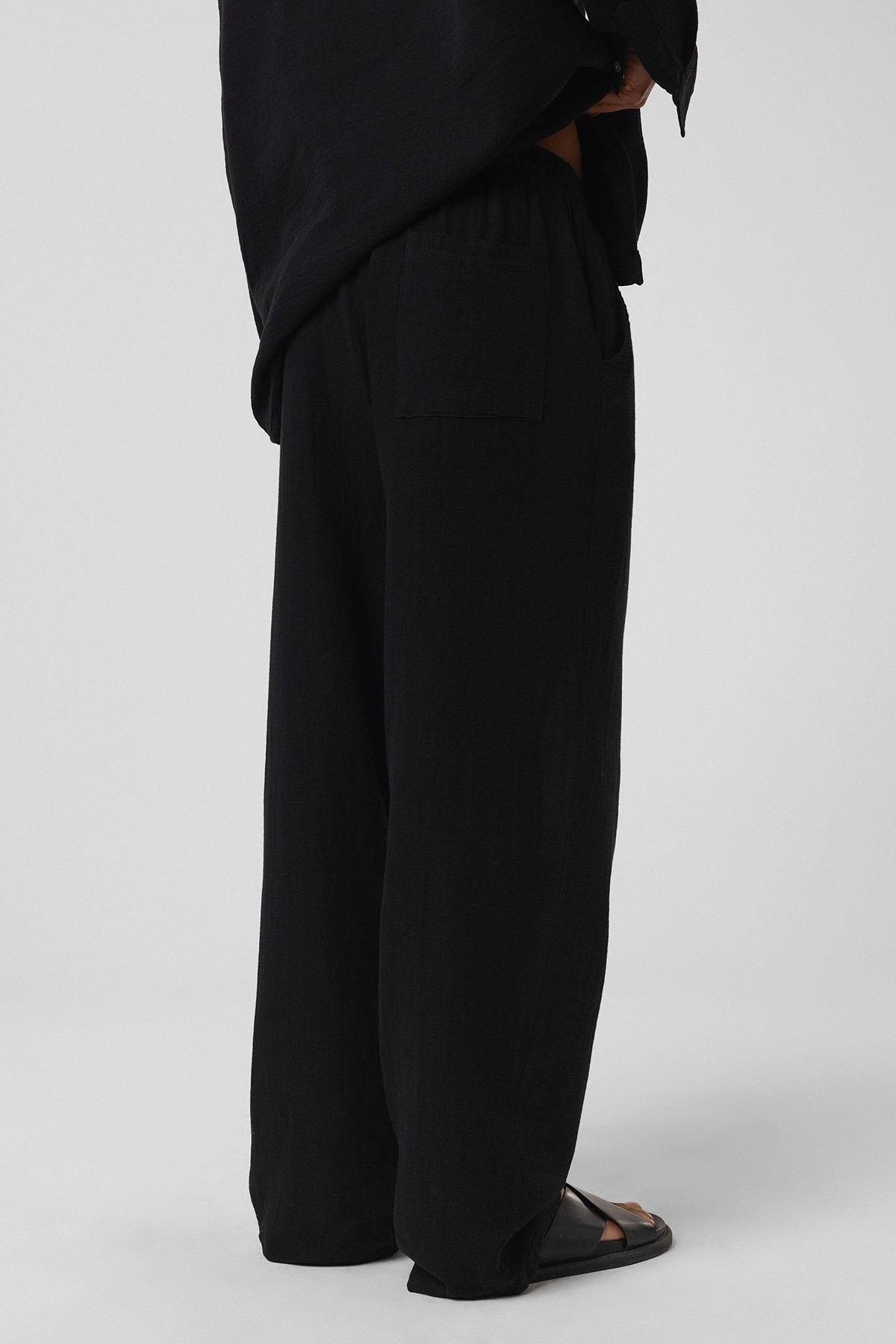 Baggy Fit Müslin Keten Pantolon Siyah