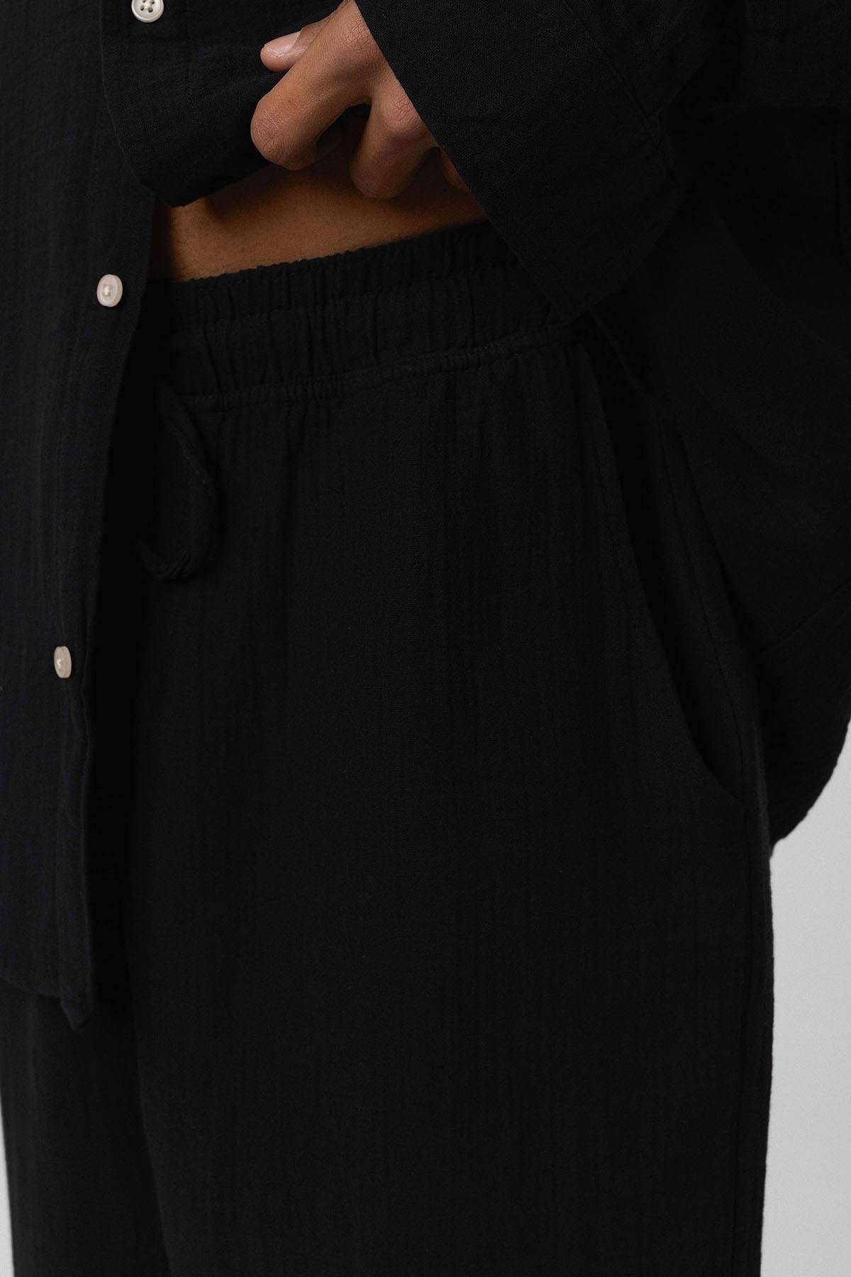 Baggy Fit Müslin Keten Pantolon Siyah