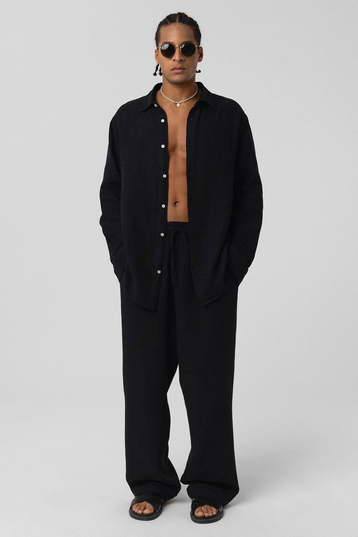 Baggy Fit Müslin Keten Pantolon Siyah