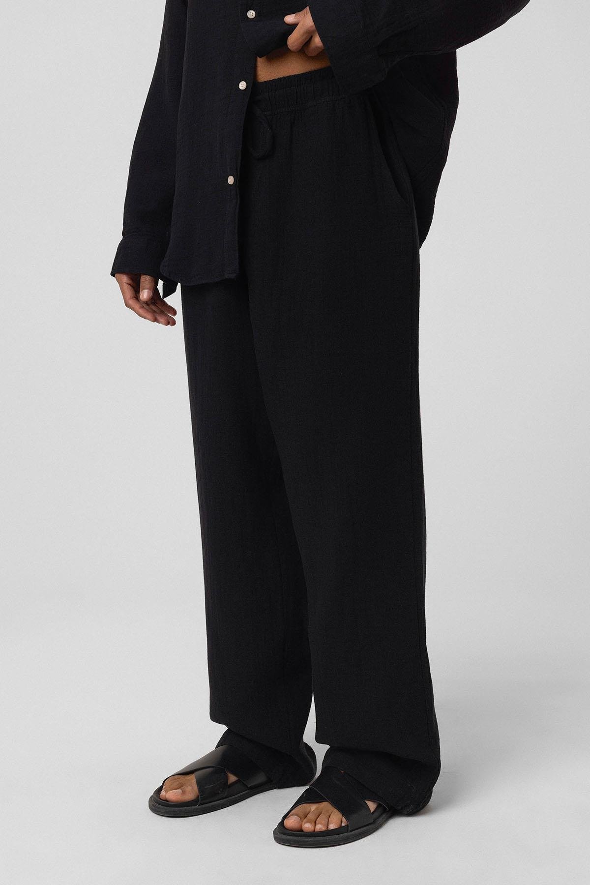 Baggy Fit Müslin Keten Pantolon Siyah