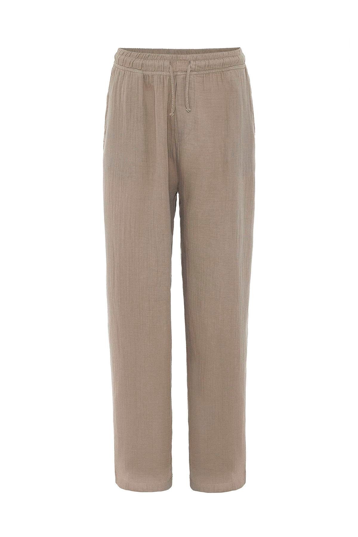 Baggy Fit Müslin Keten Pantolon Vizon