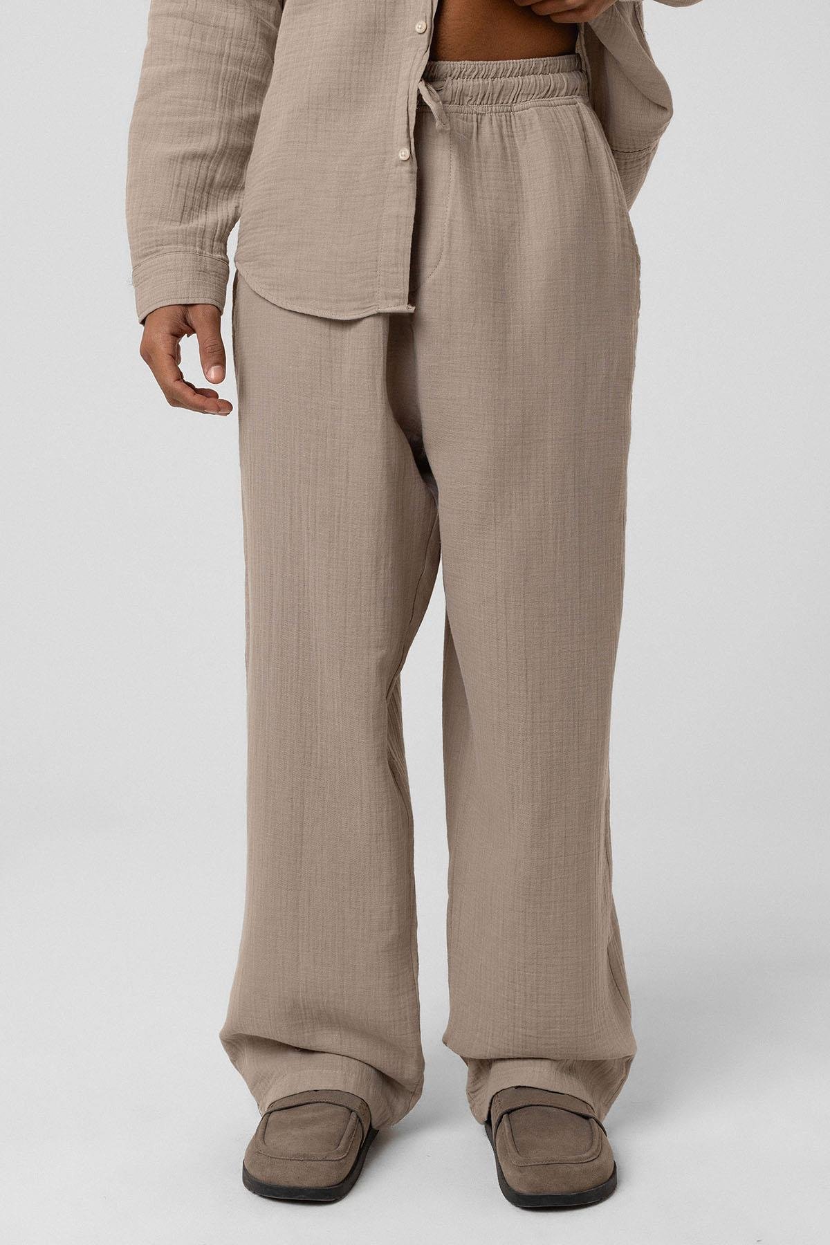 Baggy Fit Müslin Keten Pantolon Vizon