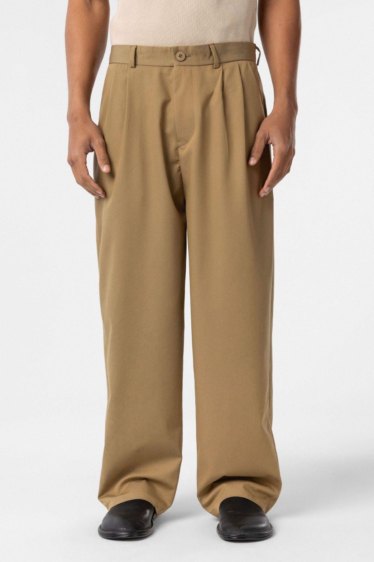 Baggy Fit Pileli Kumaş Pantolon Haki